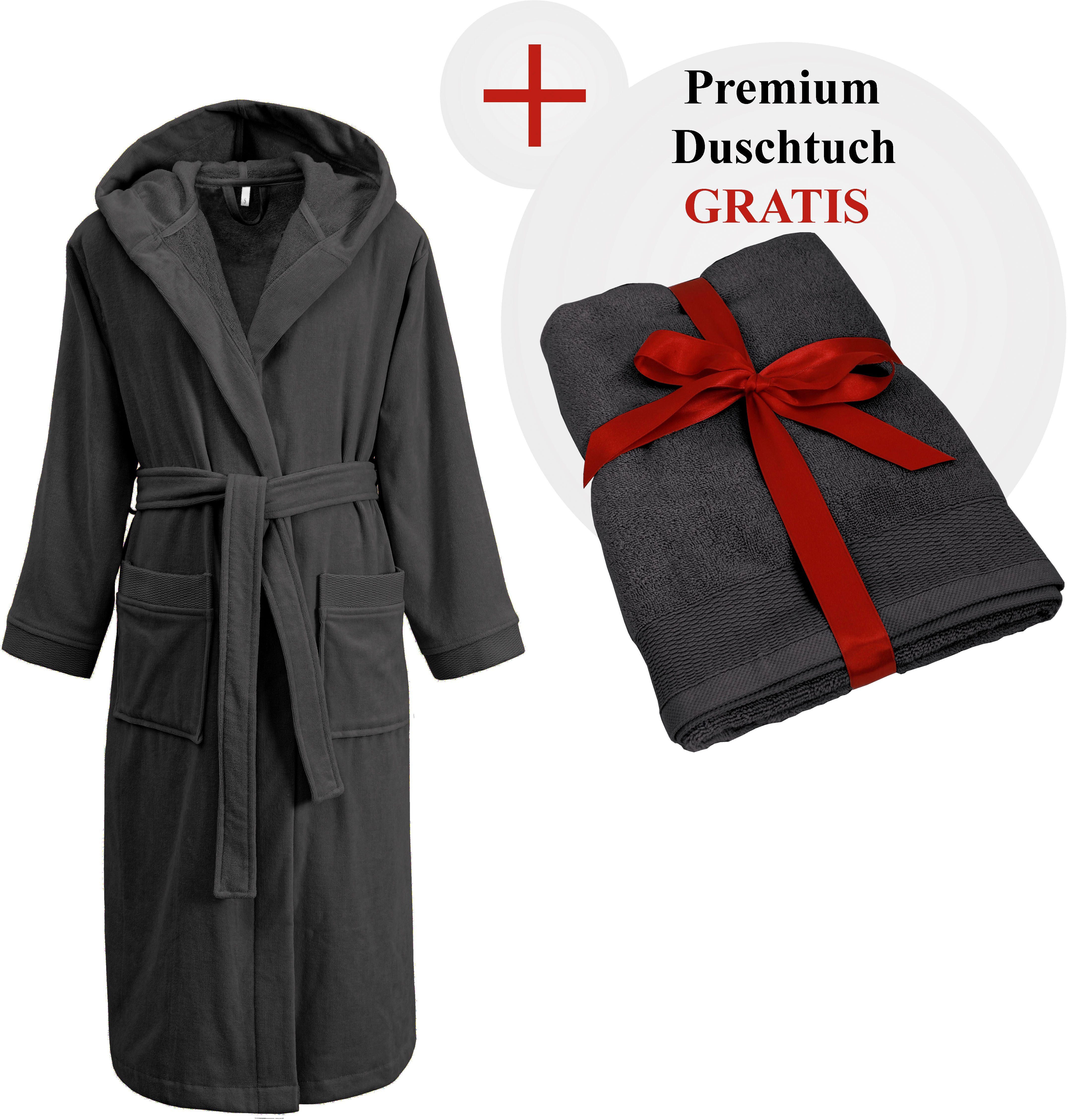 OTTO home Unisex-Bademantel Fenya, 330 g/m², Premium, Hotelbademantel, Morgenmantel, Sauna & Spa, Langform, Veloursfrottier, Kapuze, Gürtel, Reißverschlusstaschen, weich mit GRATIS-Zugabe: 1x Duschtuch 70x140 cm