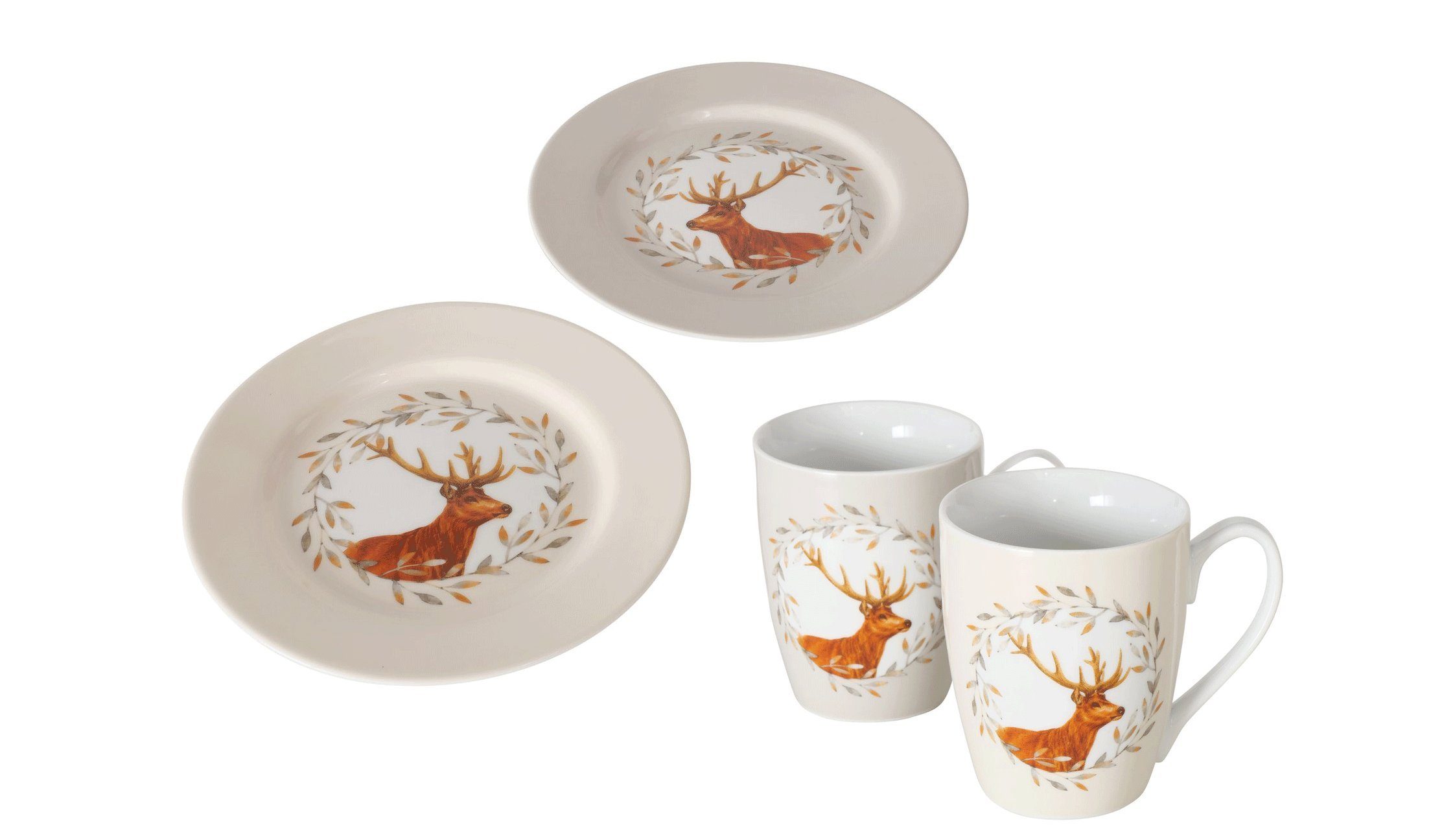 Steinnacher Bärbel Frühstücks-Geschirrset Frühstücksset Hirsch Egon 2 Teller 2 Becher (4-tlg), 2 Personen, Porzellan, 4 teilig