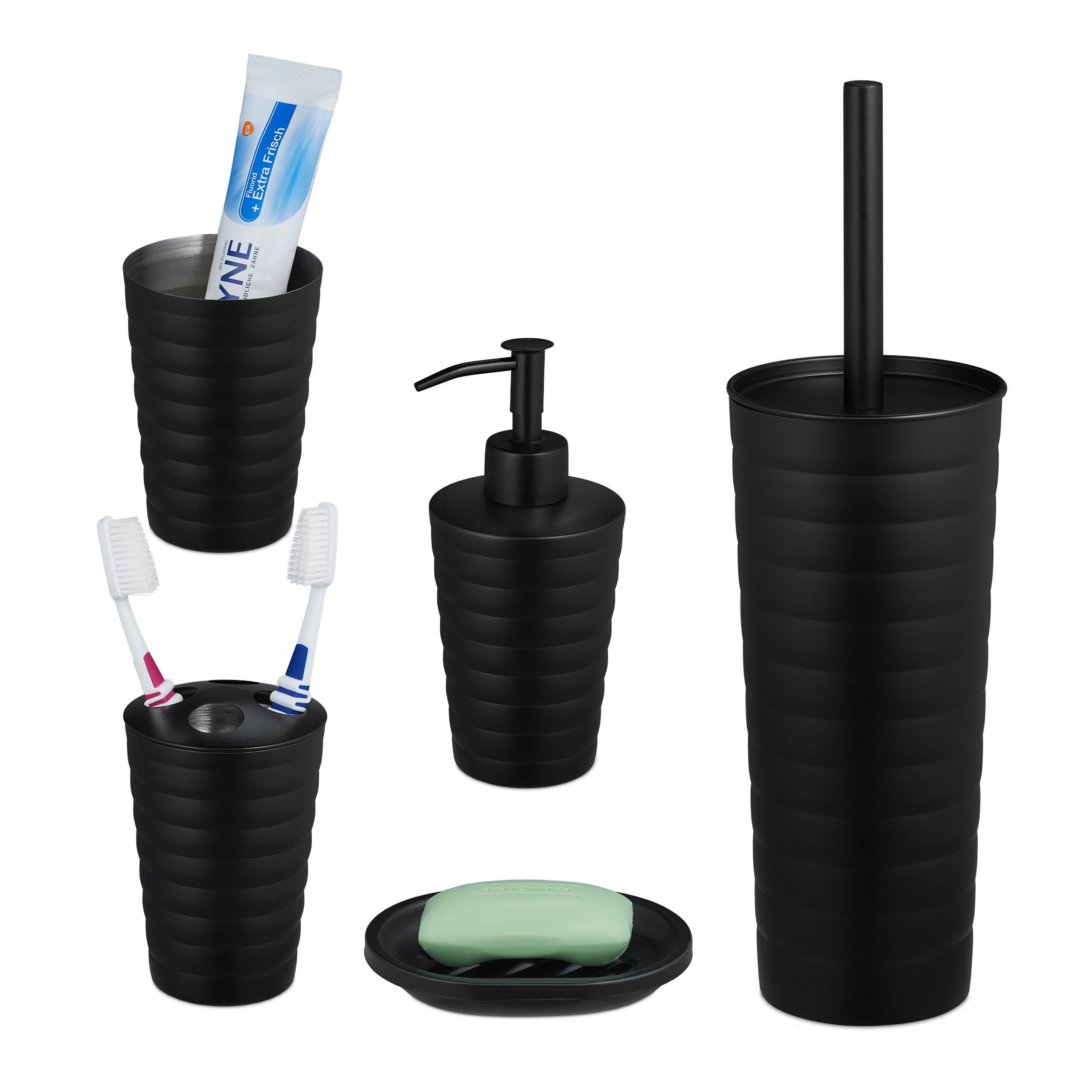 relaxdays Seifenspender 5-tlg. Badezimmer Set Edelstahl schwarz günstig online kaufen