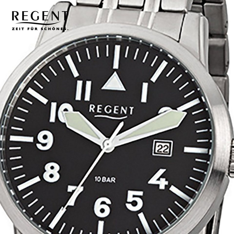 Leuchtzeiger silber (ca. Regent 42mm), Quarzuhr Analog, rund, Herren-Armbanduhr Regent Herren Edelstahlarmband, groß Armbanduhr