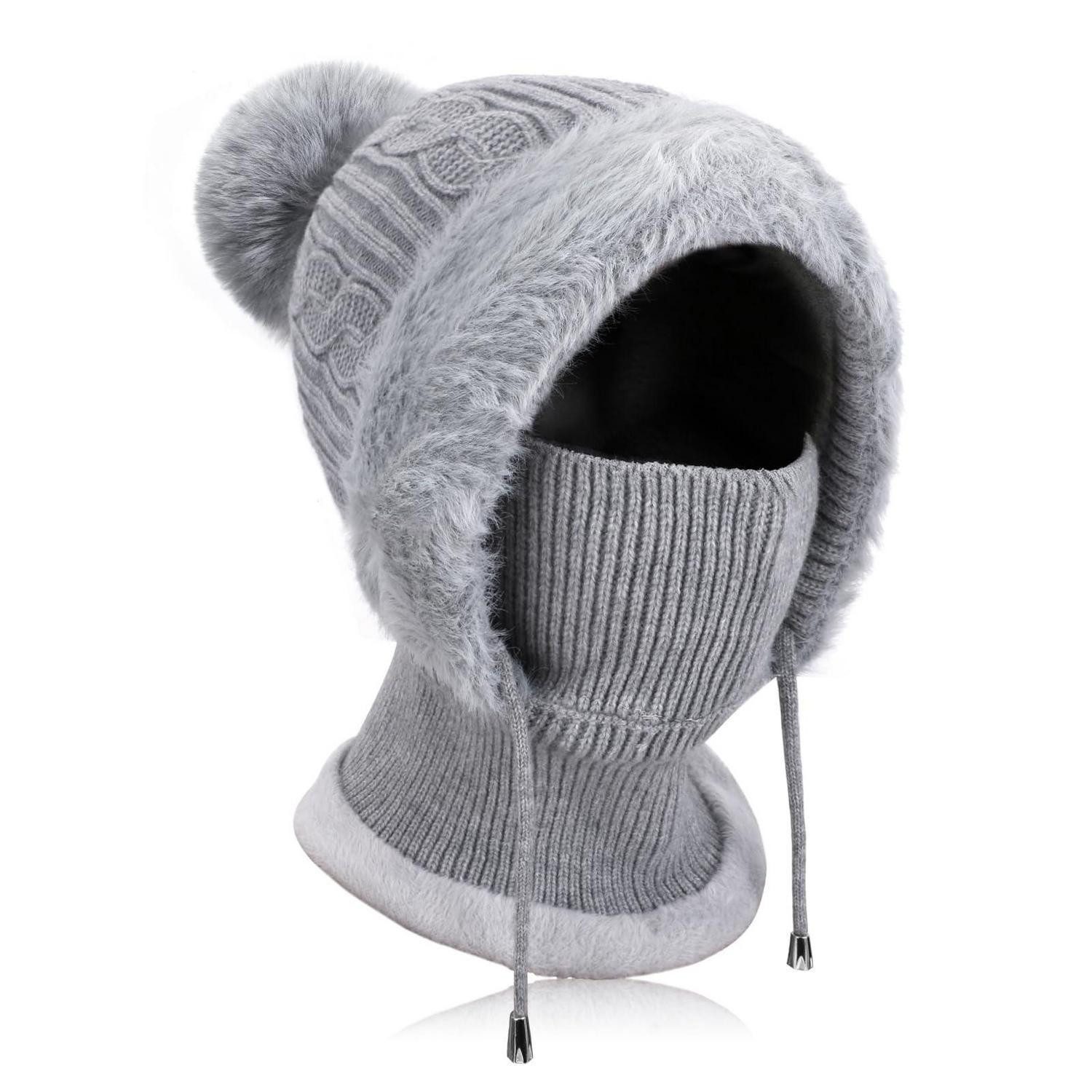 Sturmhaube Strickmütze Beanie Halswärmer Sturmhaube Fleece Damen 3in1 Grau