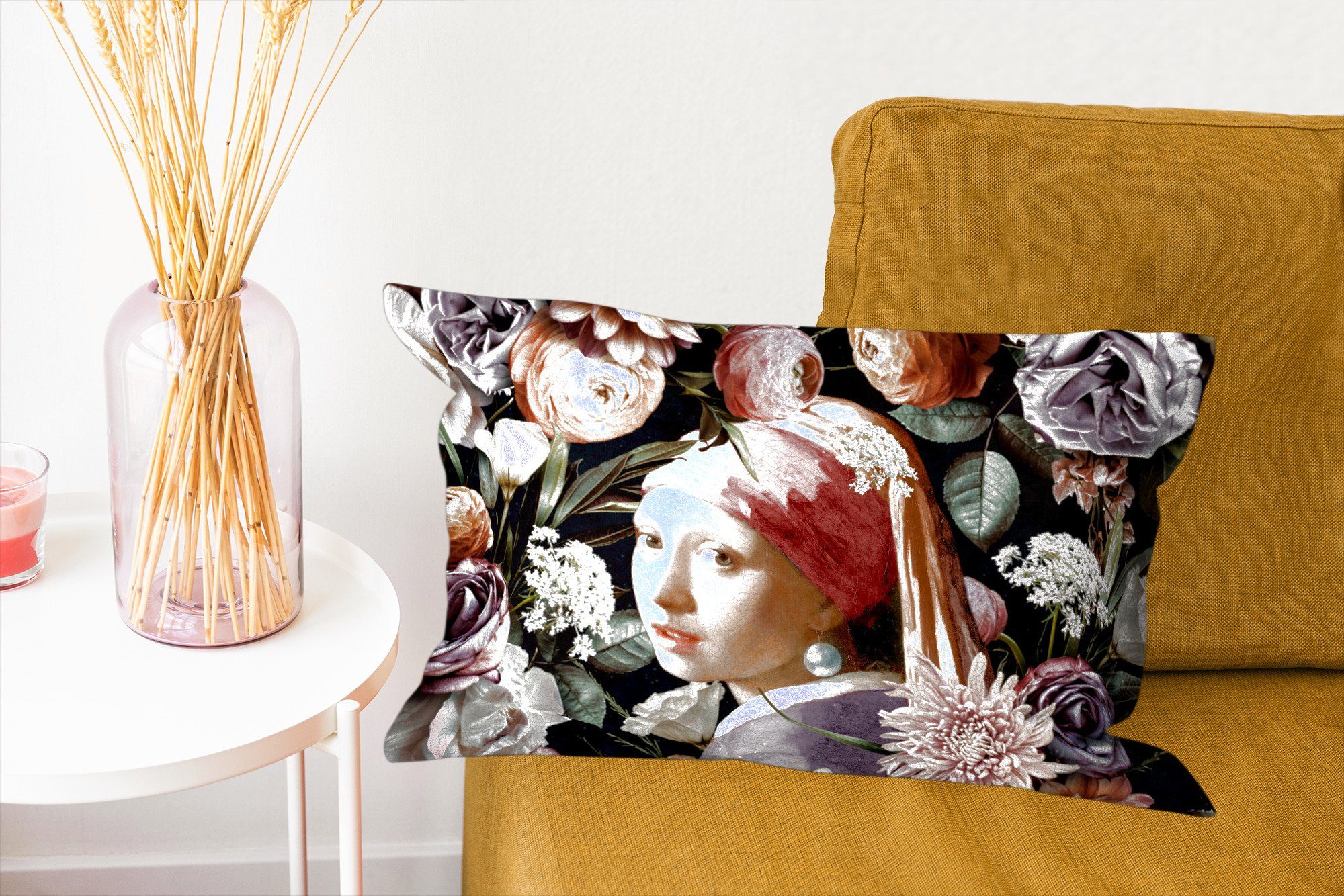 Vermeer Schlafzimmer Dekokissen - - - Dekoration, Füllung, Mädchen Wohzimmer -, Pastell Zierkissen, Dekokissen Kunstwerk Perlenohrring mit Blumen MuchoWow mit -