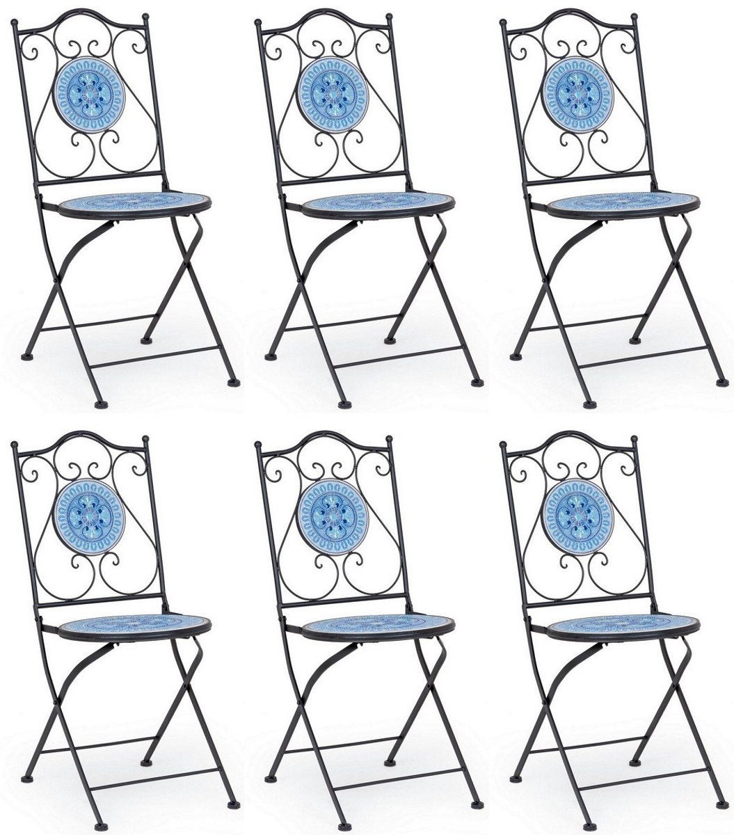 Casa Padrino Gartenstuhl Jugendstil Gartenstuhl 6er Set Schwarz / Blau / Weiß 39 x 47 x H. 92 cm - Klappbare Stühle mit Keramik Platten - Nostalgische Garten & Gastronomie Möbel