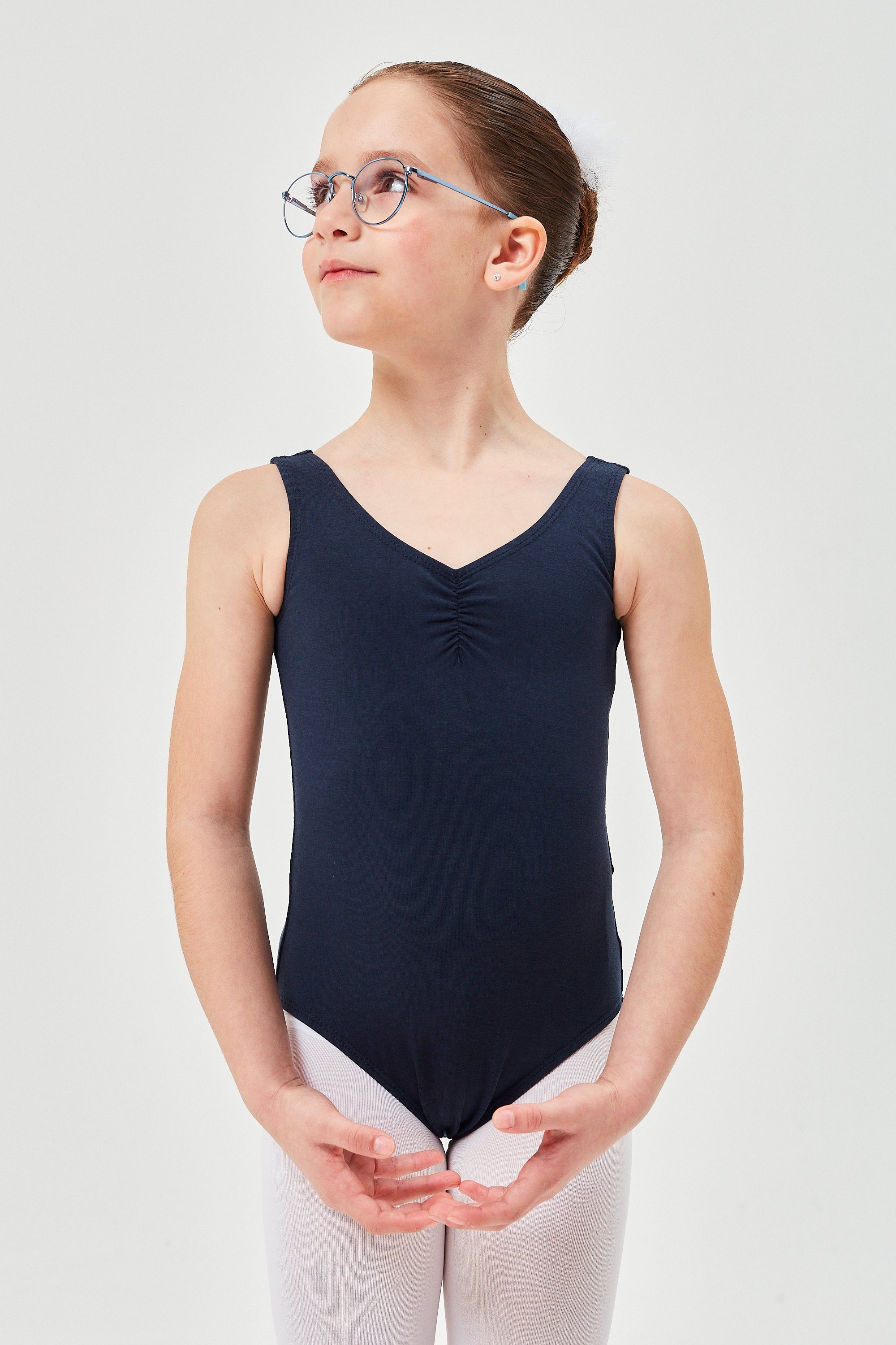 tanzmuster Body Kinder Ballettanzug Mona mit gerafftem Ausschnitt ärmellos marineblau