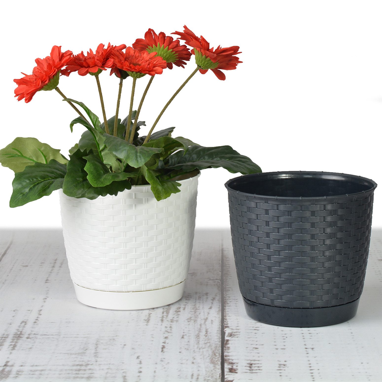 KAGM Blumentopf Übertopf Pflanztopt mit Untersetzer in Rattanoptik – Bild 3 von 3