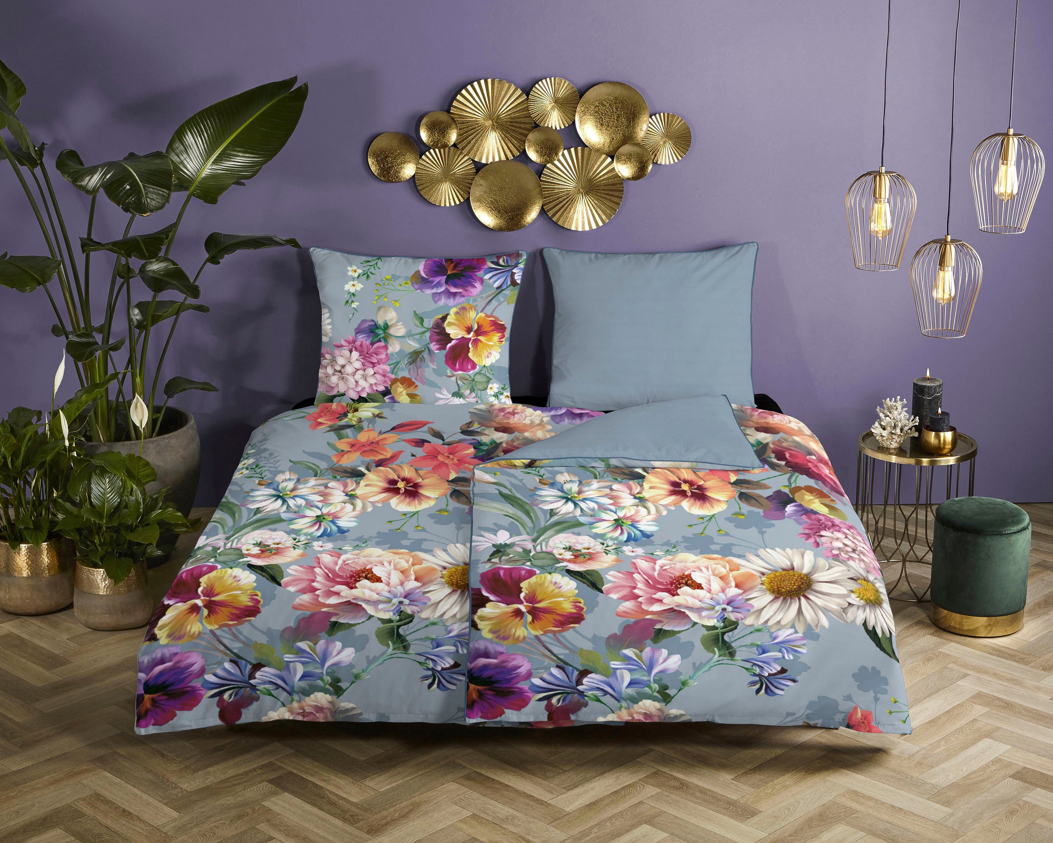 Descanso Wendebettwäsche Novara, Satin (Bio-Baumwolle), 2 teilig, Baumwolle, Satin, 135x200, Biese, Reißverschluss, Wende, Blumen, Natur