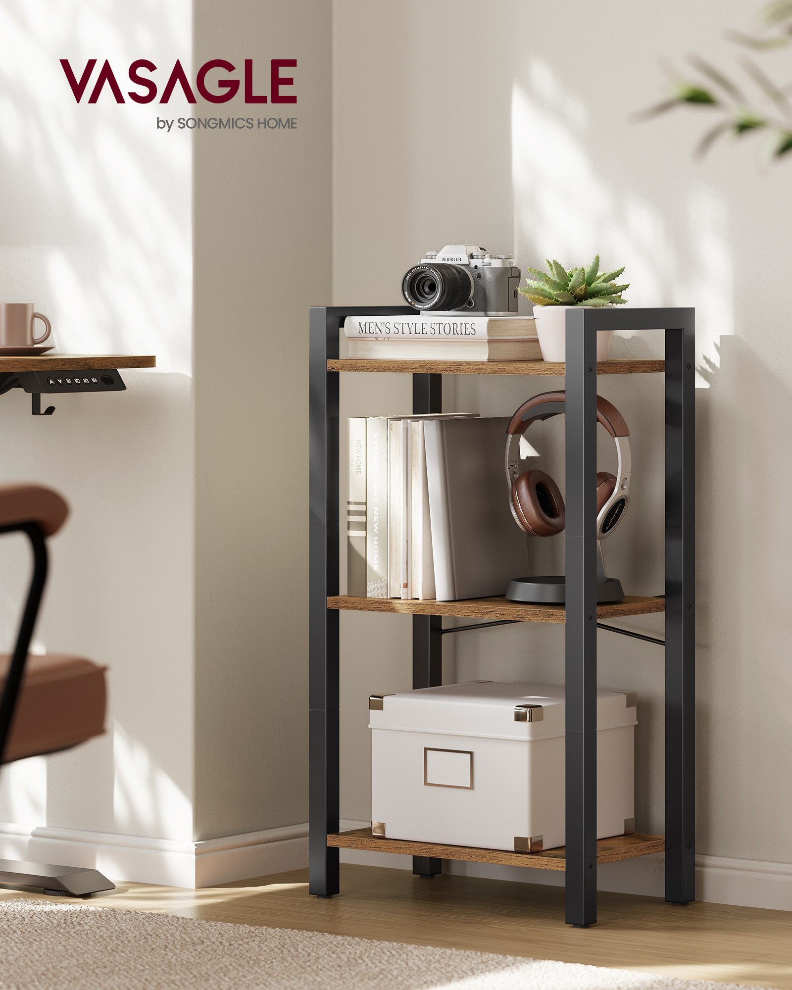 VASAGLE Standregal Bücherregal, 40 x 24 x 107 cm, für Wohnzimmer, Arbeitszimmer und Flur, mit 3 Ebenen, Büroregal, offene Ablagen, vintagebraun-tintenschwarz