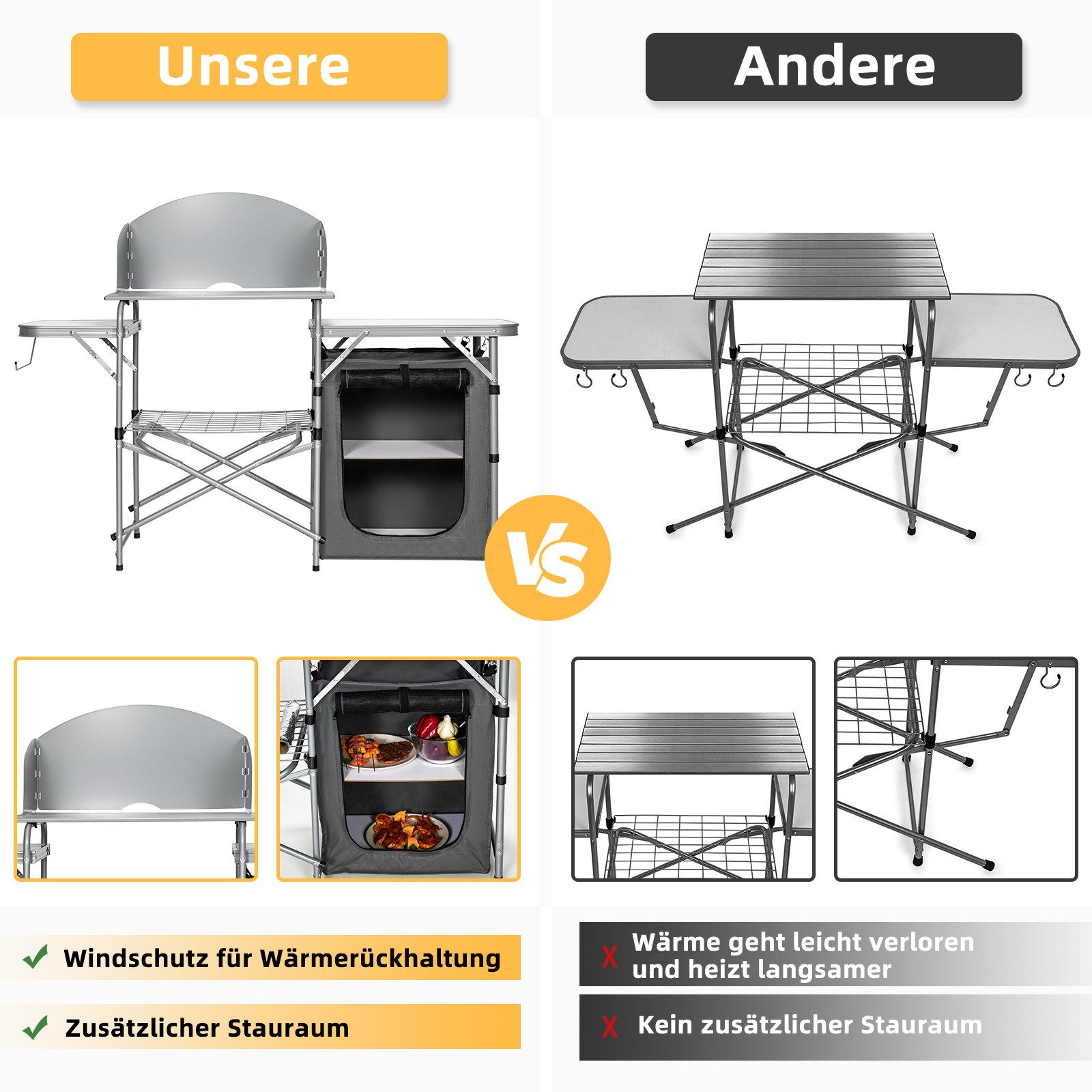 COSTWAY Campingschrank faltbar, Campingküche mit Windschutz