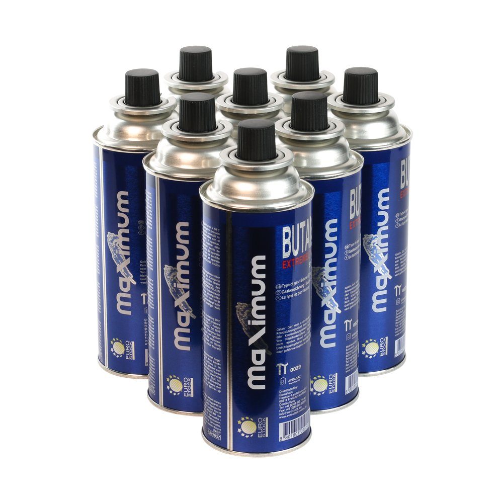 MaXimum Gaskartusche 8 x Butan-Gas-Kartusche: 227g für zuverlässige Outdoor-Geräte, Zubehör für Gasgrill, Gaskocher, Campingkocher, Gaskühlschrank, Gaskühlbox, Lötpistole, Lötbrenner, sowie Bunsenbrenner und andere Geräte mit Bajonett-Anschluss, 1 St., 227Gramm Einweg
