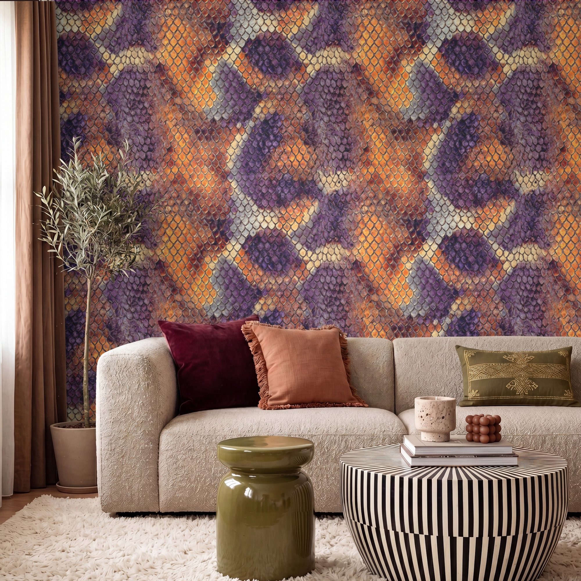 OnlyWow Fototapete Schlange – Bunt – Schuppen, Matt, bedruckt, Wandtapete, Wohnzimmer, Vinyl Tapete 260x220cm