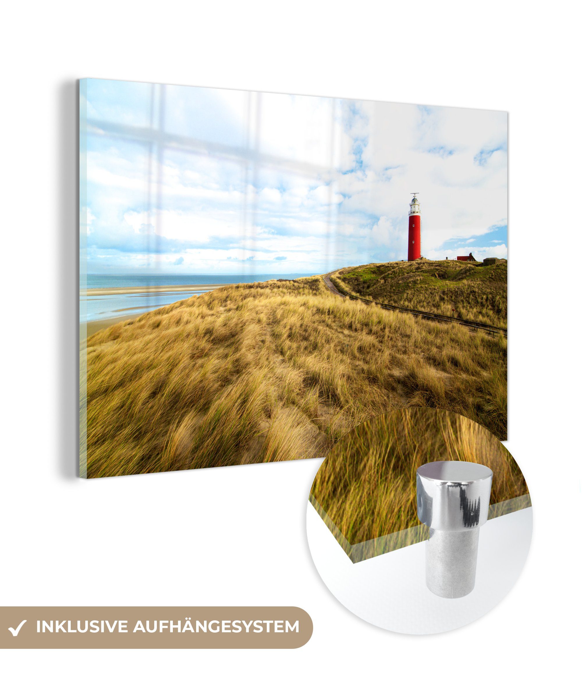 MuchoWow Acrylglasbild Strand - Glas - St), Bilder - Leuchtturm - Düne, Glasbilder Glas Wanddekoration Foto auf (1 Wandbild - auf