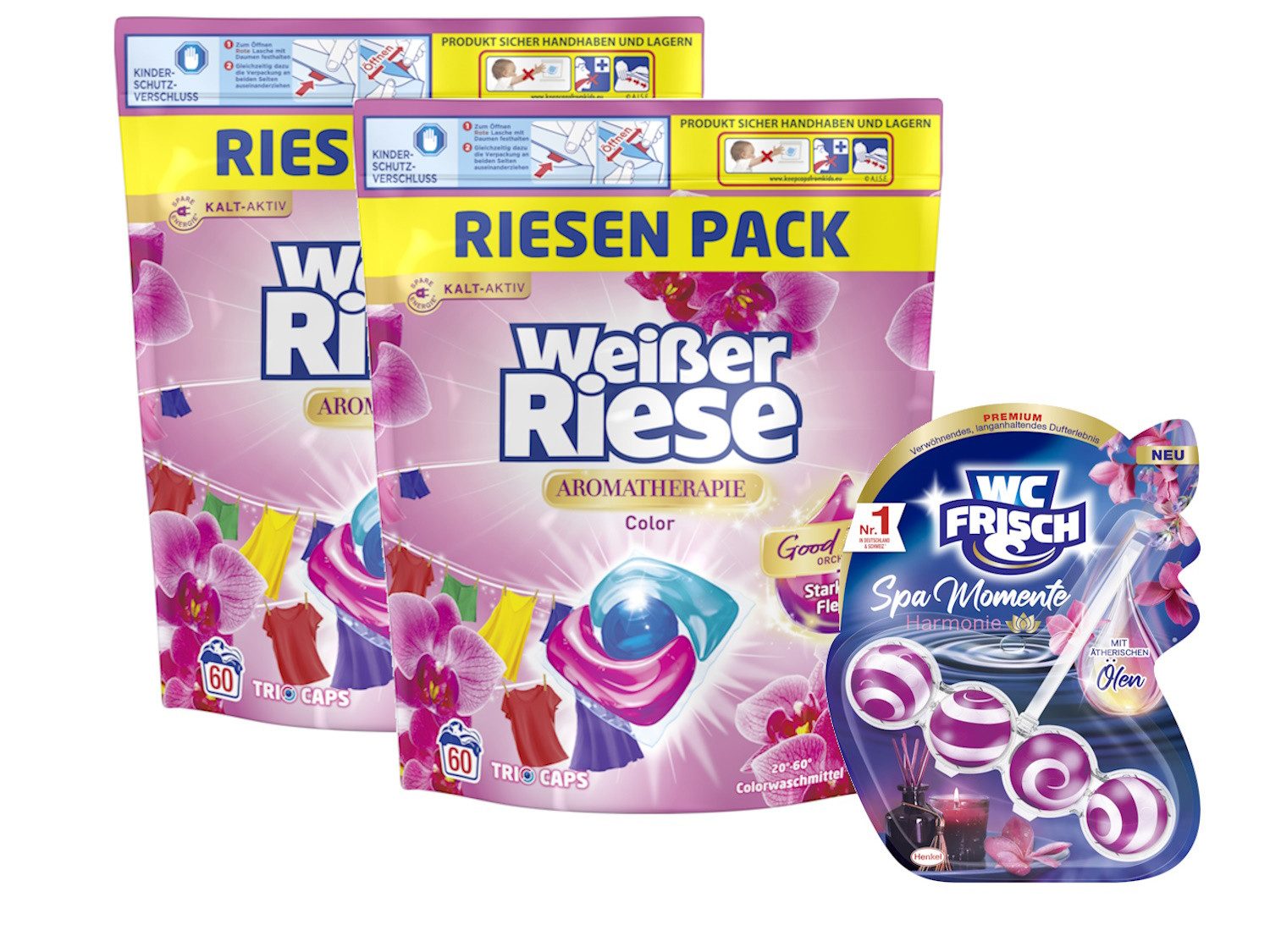 Weißer Riese Color Trio-Caps A-Th. & WC FRISCH Spa Momente Harmonie Spülmaschinenreiniger (Spar-Pack, [120-St. 1x 120 WL und 1x 50g Waschmittel und Toilettenstein)