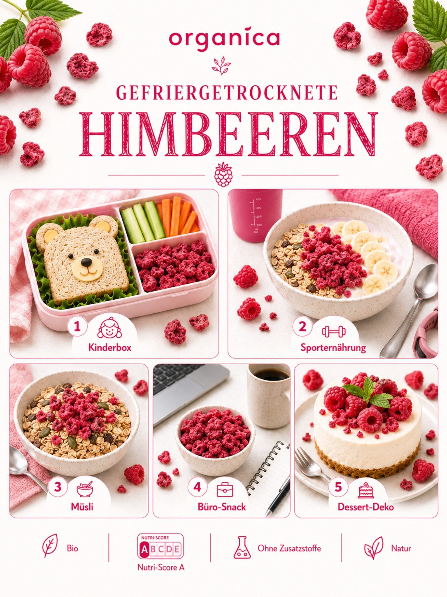 Organica Trockenfrüchte Gefriergetrocknete Bio-Himbeeren, knuspriger Fruchtsnack, 1 x 12 g, Bio-zertifiziert, 100 % Frucht, Ohne Zuckerzusatz, Nutri-Score A – Bild 5 von 5