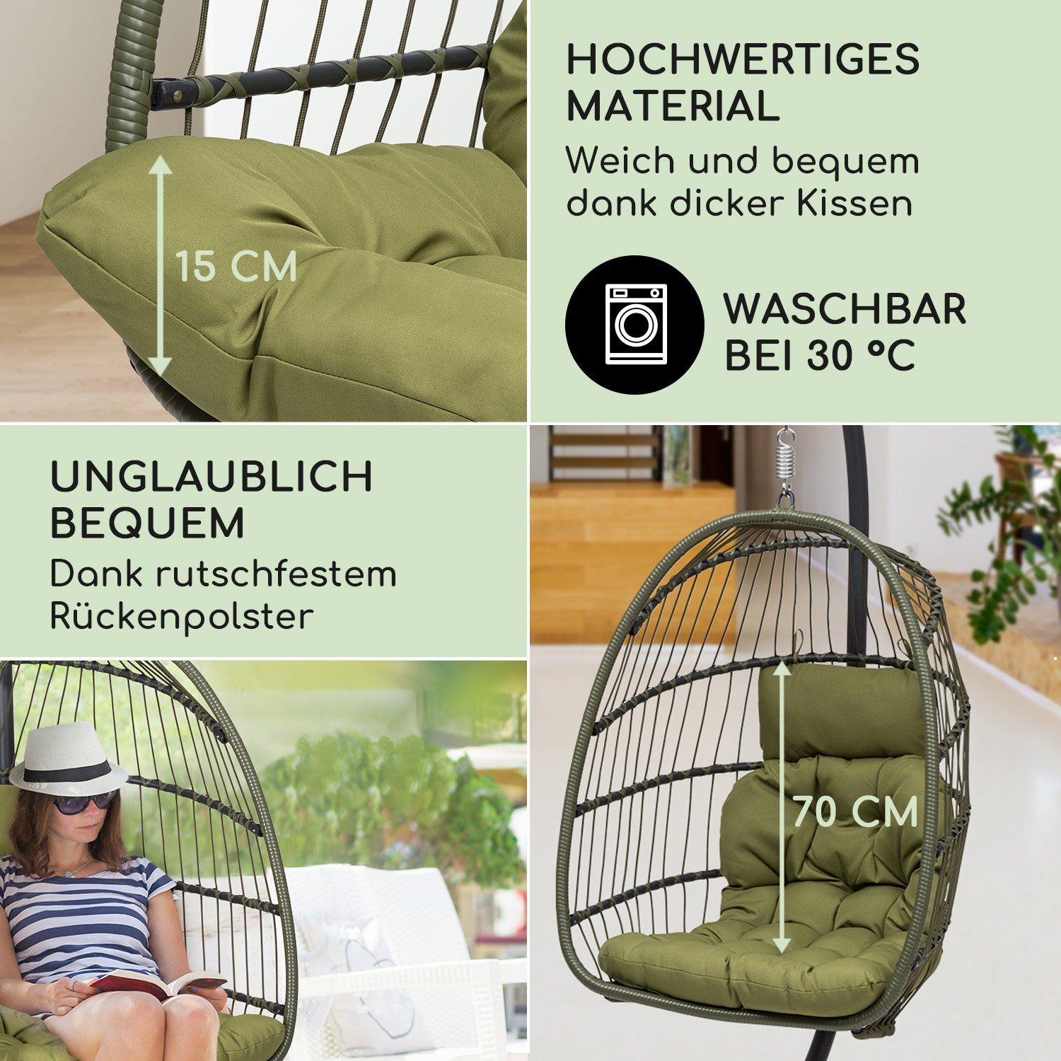 Polyester Aluminium Hängesessel Biarritz, Loungesessel Dunkelgrün Sitzkissen blumfeldt Polyrattan