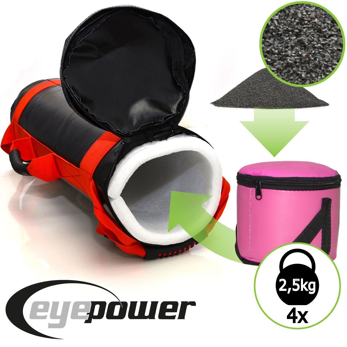 eyepower Gewichtssack 10kg Power Bag mit 4 Kettlebell Gewichten - 17x45 Sandsack Wasserdicht, Sandbag für Krafttraining, Functional Training und Ausdauer Workout