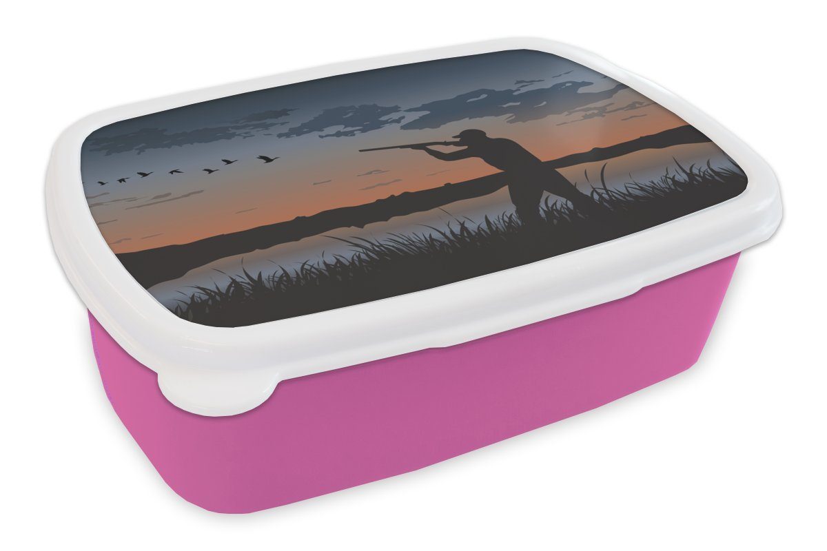 MuchoWow Lunchbox Eine Illustration eines Entenjägers bei Sonnenuntergang, Kunststoff, (2-tlg), Brotbox für Erwachsene, Brotdose Kinder, Snackbox, Mädchen, Kunststoff rosa