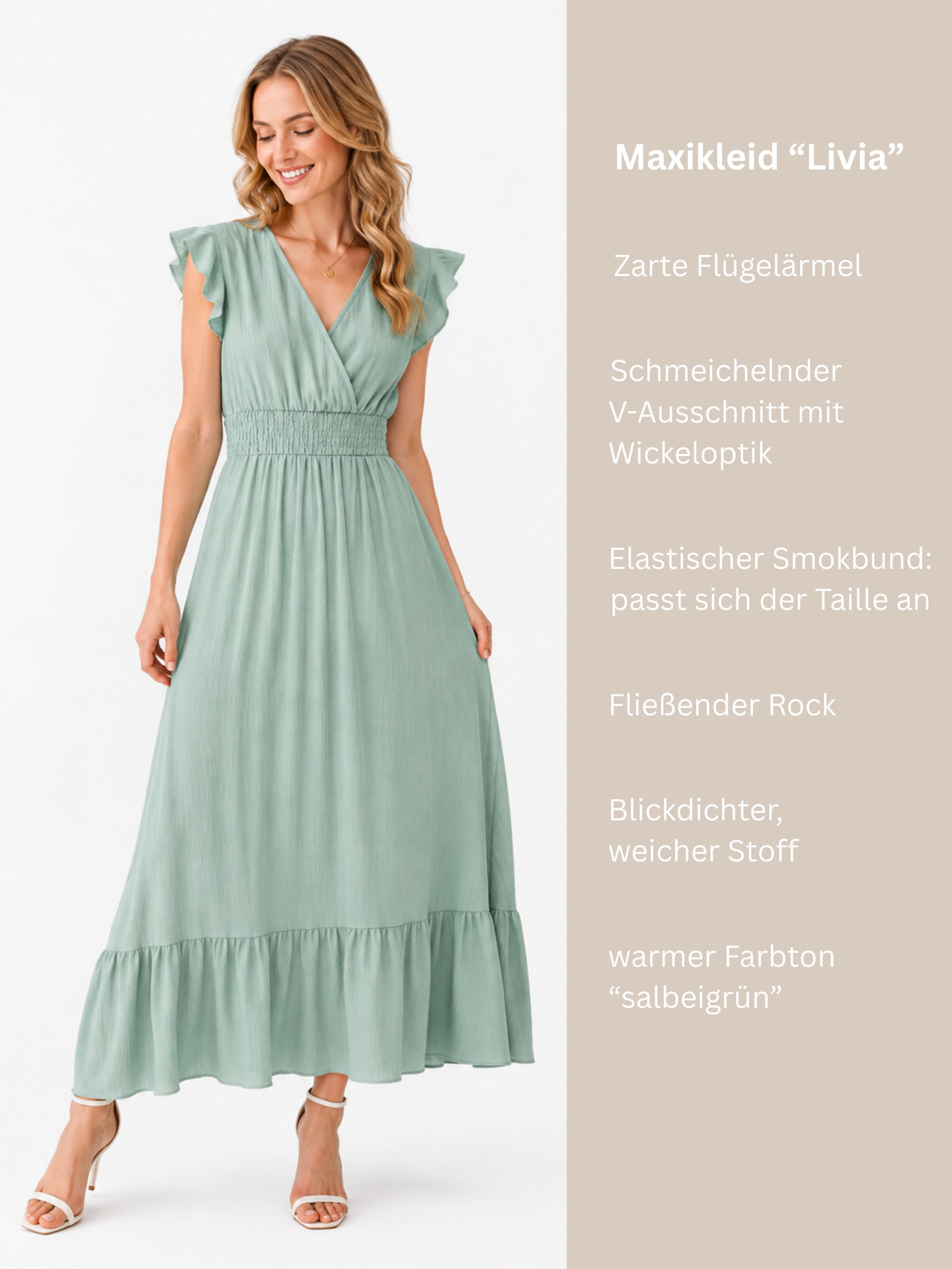 ANNIS WIESBADEN EST. 2021 Maxikleid Kleid "Livia" mit Smokbund und V-Ausschnitt, Farbe salbeigrün Smokbund, Flügelärmel, Stretch – Bild 2 von 4