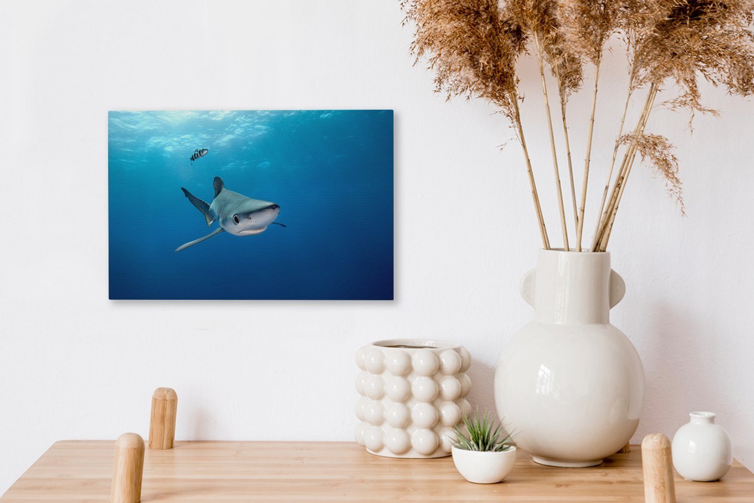 Leinwandbild Wandbild Leinwandbilder, Blauer (1 30x20 St), Hai, cm OneMillionCanvasses® Wanddeko, Aufhängefertig, Großer