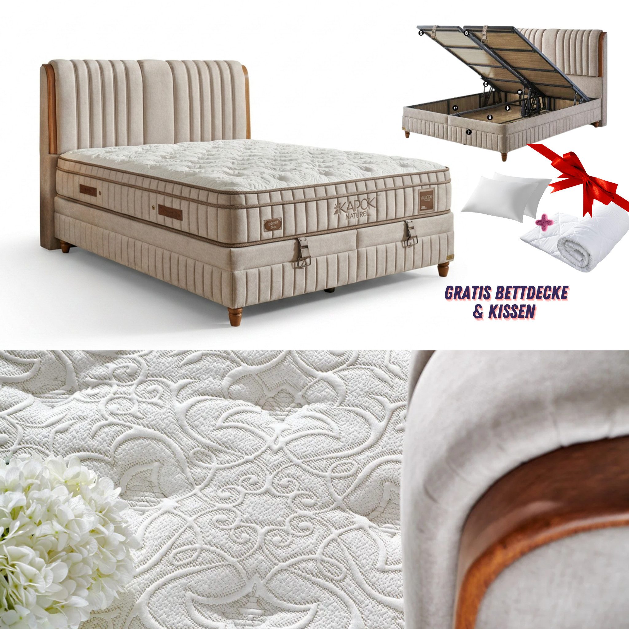 Bambi Boxspringbett mit Matratze Stauraumbett Kapok Polsterbett, Boxbett, Doppelbett (Boxspringbett 180x200 Set, 4-St., 2 Bettkästen + Matratze + Kopfteil), inkl. Lieferung