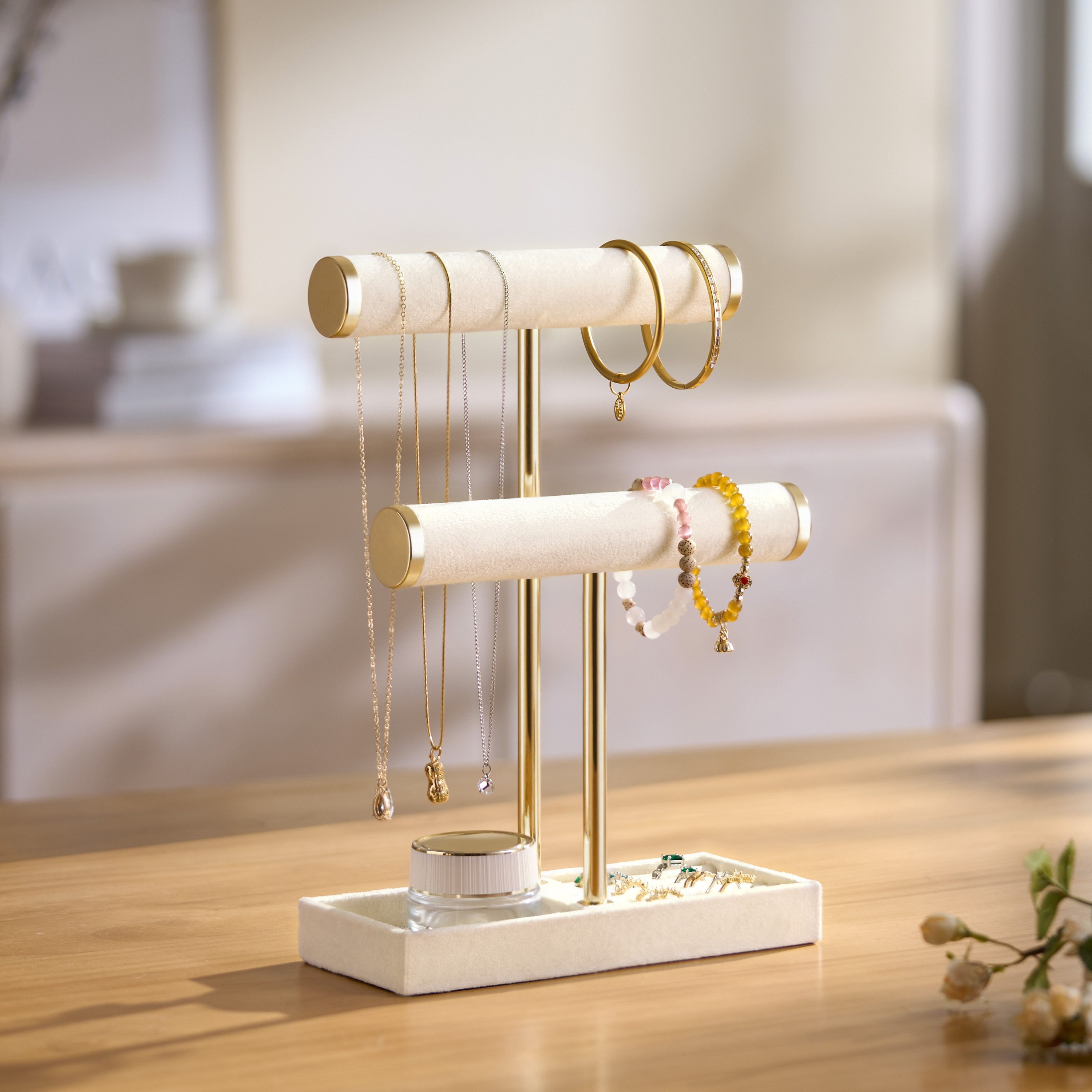 niffgaff Schmuck Etagere 2-stufiger Schmuckständer & Schmuck-Organizer, Samt-Armbandhalter, mit abnehmbarem T-Steg für Ketten, Armbänder, Ringe und Uhren