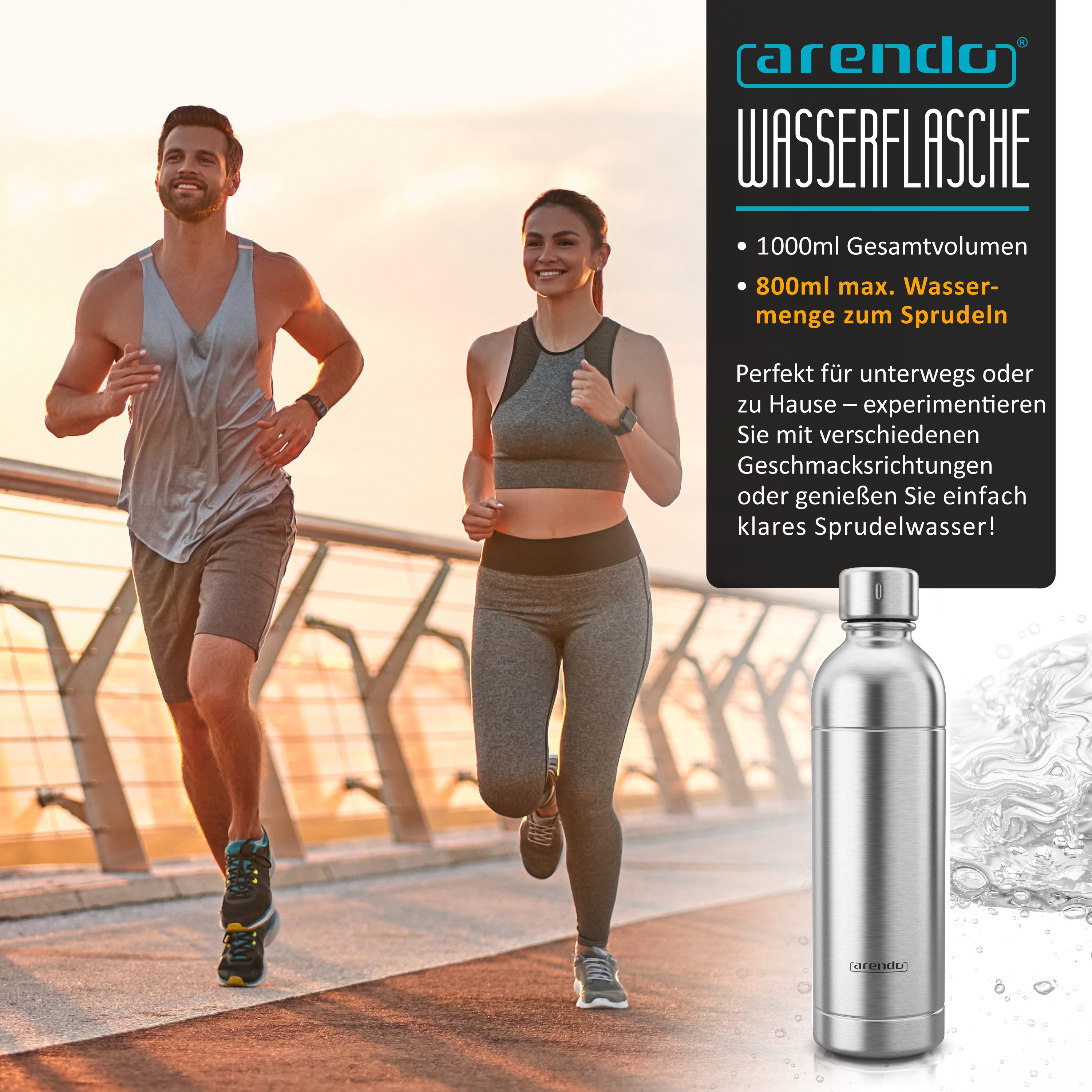 Arendo Wassersprudler Flasche Wasserflasche, Edelstahl Trinkflasche 1000 ml, Schraubverschluss, (1-tlg), kompatibel mit Arendo SodaMakern, SodaStream Easy & Aar – Bild 5 von 5