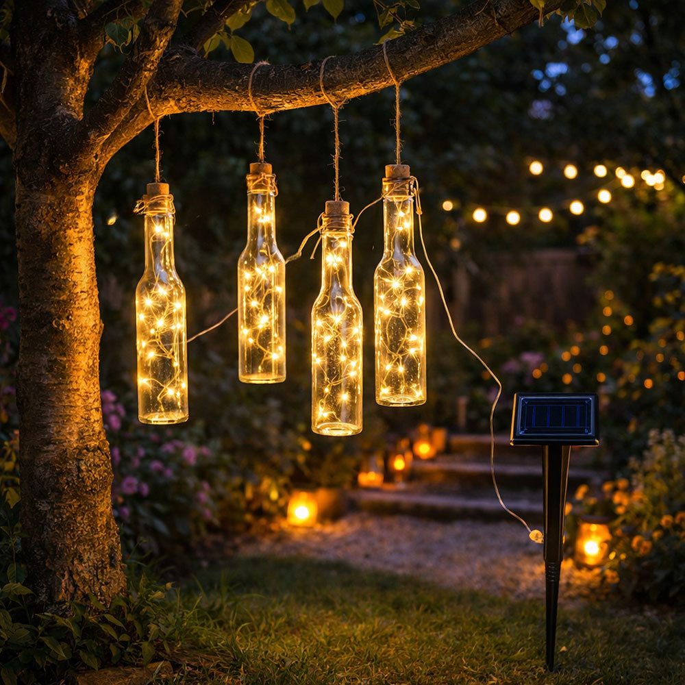 Haushalt International LED Dekolicht, LED-Leuchtmittel fest verbaut, Warmweiß, Außenlampe LED Solarleuchte Lichterkette Glas Flasche 8-flammig Deko