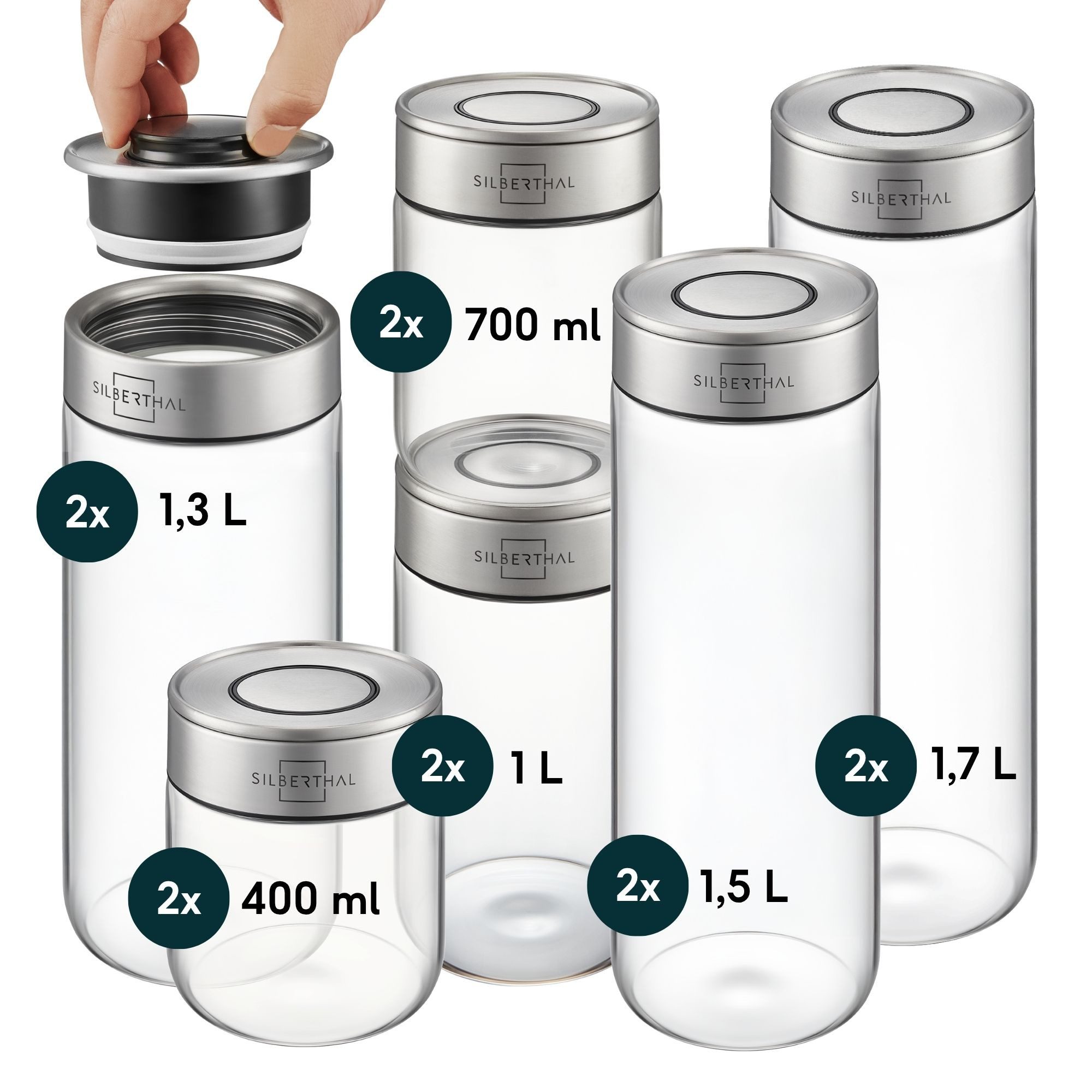 SILBERTHAL Vorratsglas 12 Set, Vorratsdosen mit Klickdeckel, Glas, Edelstahl, (12er Set Mix, 12-tlg), Luftdicht & Mottensicher