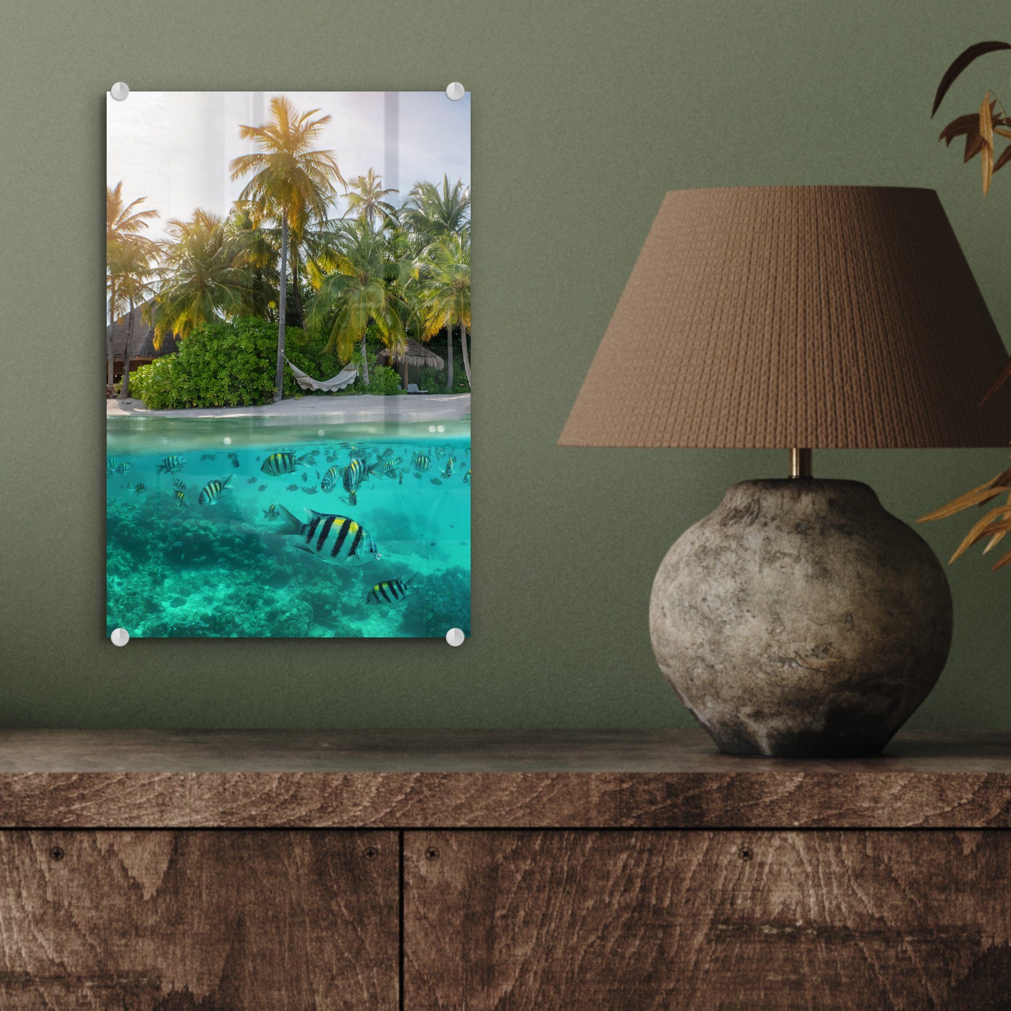 Wandbild - Wanddekoration (1 Bilder - MuchoWow - Glasbilder Fisch - Insel, Glas auf - Acrylglasbild St), - Glas Strand Foto auf Meer bunt