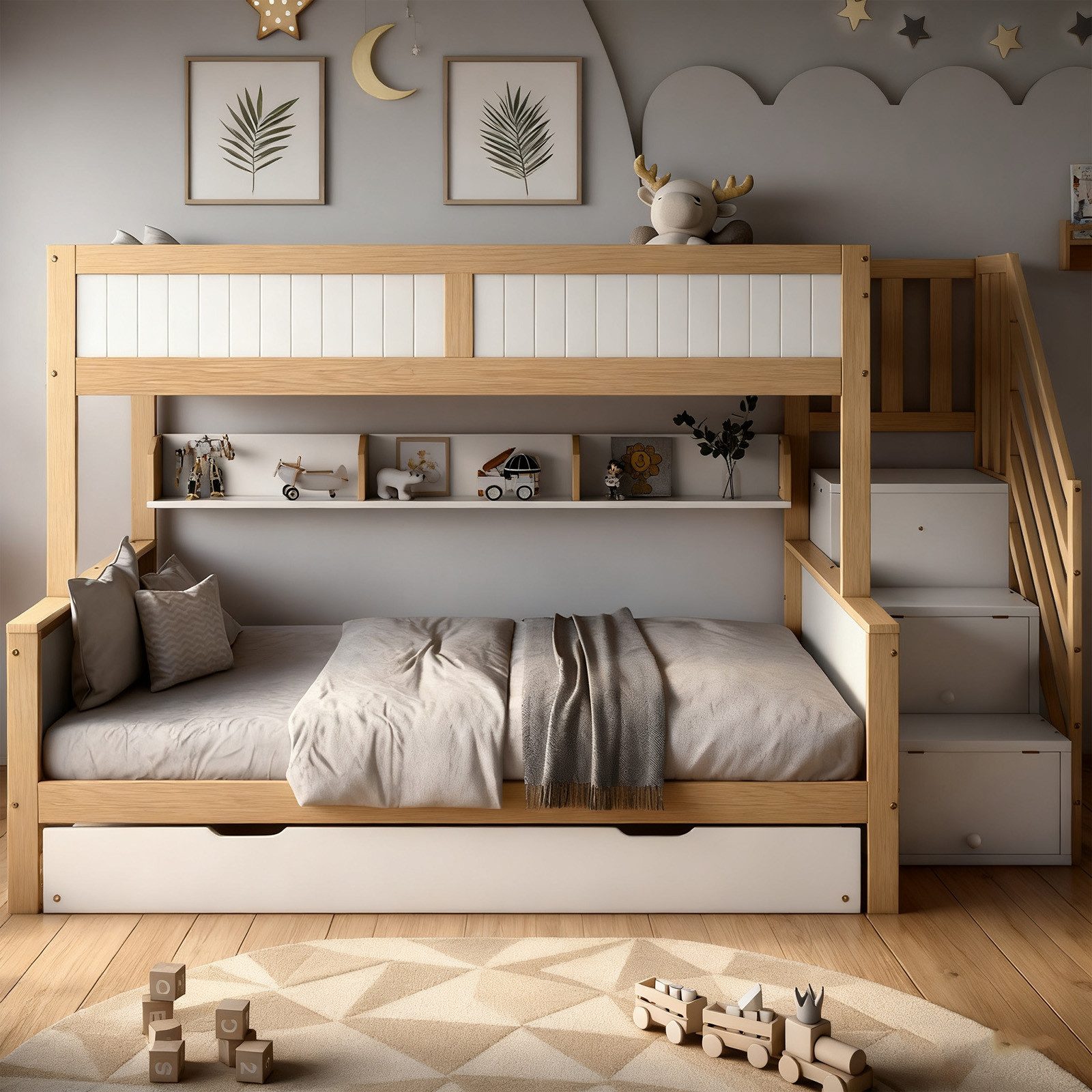 MODFU Etagenbett mit Ecktreppe, Kleiderschrank & Fallschutzgitter (Kinderbett mit Rollbett und Stauraum, Hausbett 90x200 & 90x190 & 120*200cm), ohne Matratze