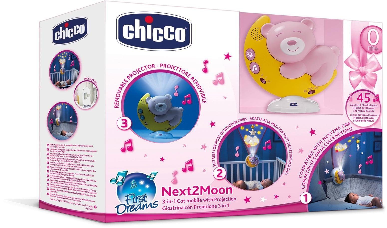 Chicco Nachtlicht Next2Moon, Pink, Licht Timerfunktion, Sound Deckenprojektion, mit und Melodien