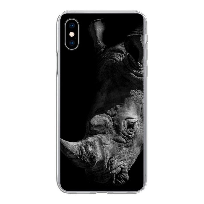 MuchoWow Handyhülle Nahaufnahme eines Nashorns auf schwarzem Hintergrund Handyhülle Apple iPhone Xs Smartphone-Bumper Print Handy