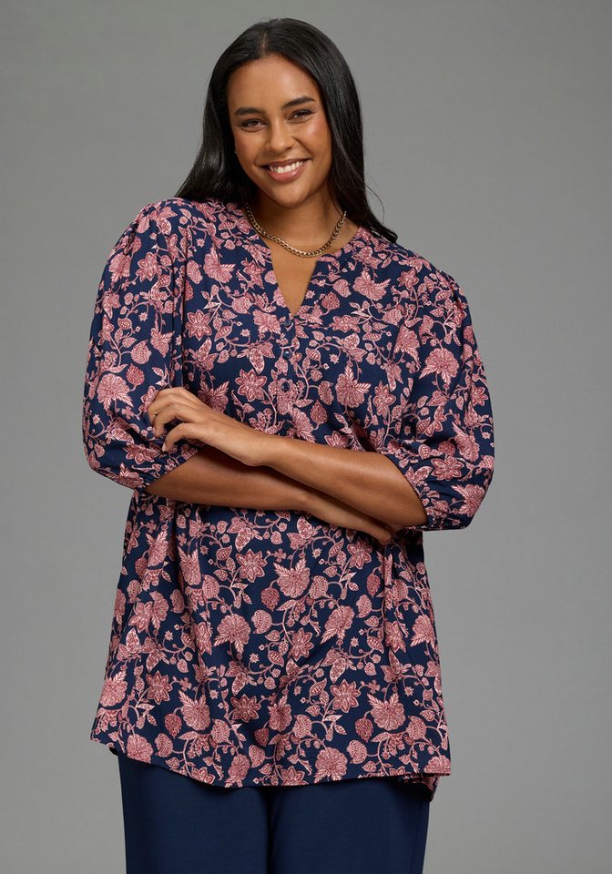 Laura Scott CURVE Longbluse Große Größen gemusterte Optik, 3/4-Ärmel mit Gummizug, aus Viskose