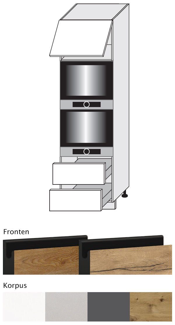 2 - & 60cm Front- Korpusfarbe schwarz Schubladen Eiche Halifax (Vollauszug) Treviso Backofenumbauschrank wählbar grifflos Feldmann-Wohnen