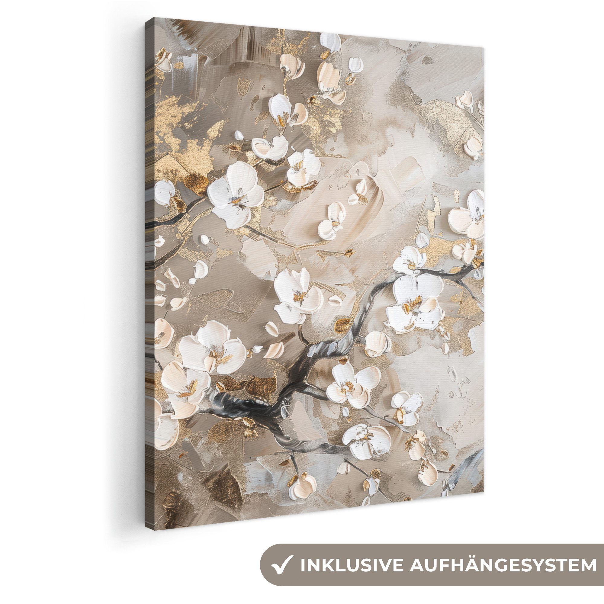 OneMillionCanvasses® Leinwandbild Blumen - Weiß - Gold - Beige - Luxus, Fotodruck (1 St), Leinwand Bilder für Wohnzimmer Schlafzimmer 50x70 cm