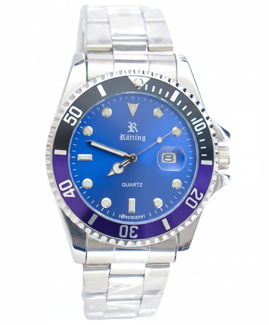 Rötting Design Quarzuhr Herrenuhr Armbanduhr Männeruhr Edelstahl blaues Ziffernblatt, (inkl. Uhrenschatulle auch zum Verschenken geeigent), drehbare Lünette, Datumsanzeige