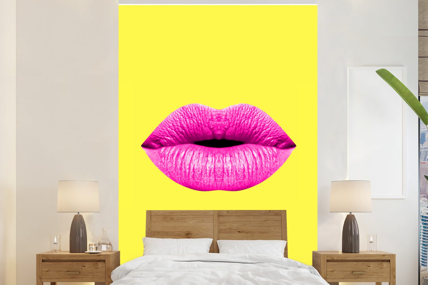 Montagefertig Lippen MuchoWow - Matt, bedruckt, (3 Wandtapete Wohnzimmer, - St), Fototapete Vinyl für Gelb, Tapete Rosa
