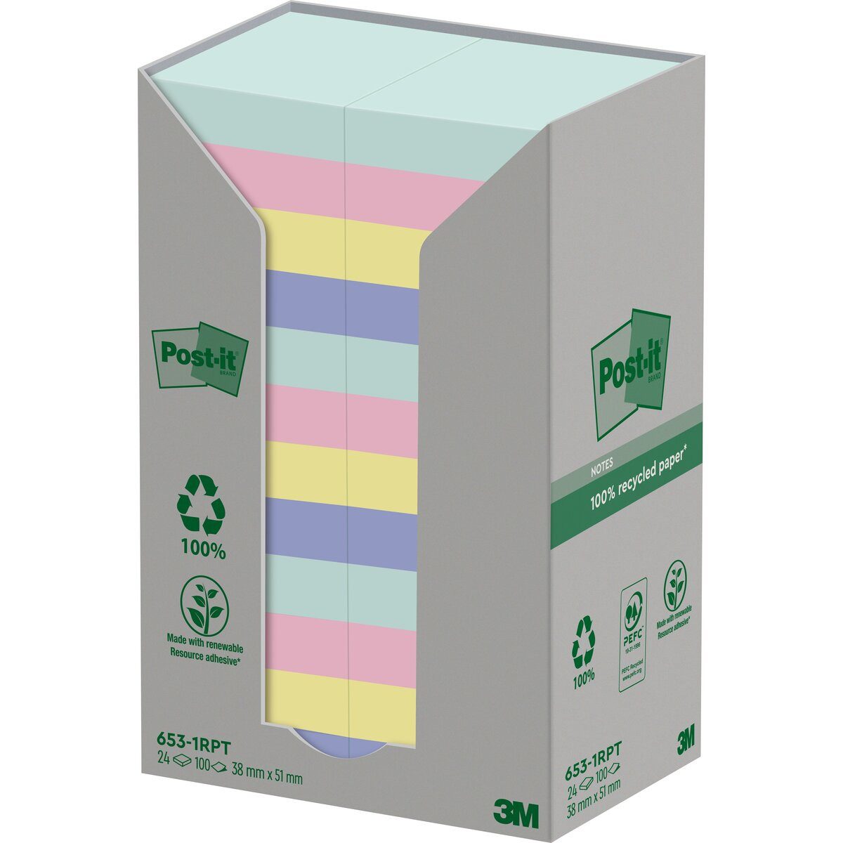 Post-it Notes Haftnotizblock Haftnotiz Recycling Notes 51x38mm 100 Blatt mint, flamingopink, gelb