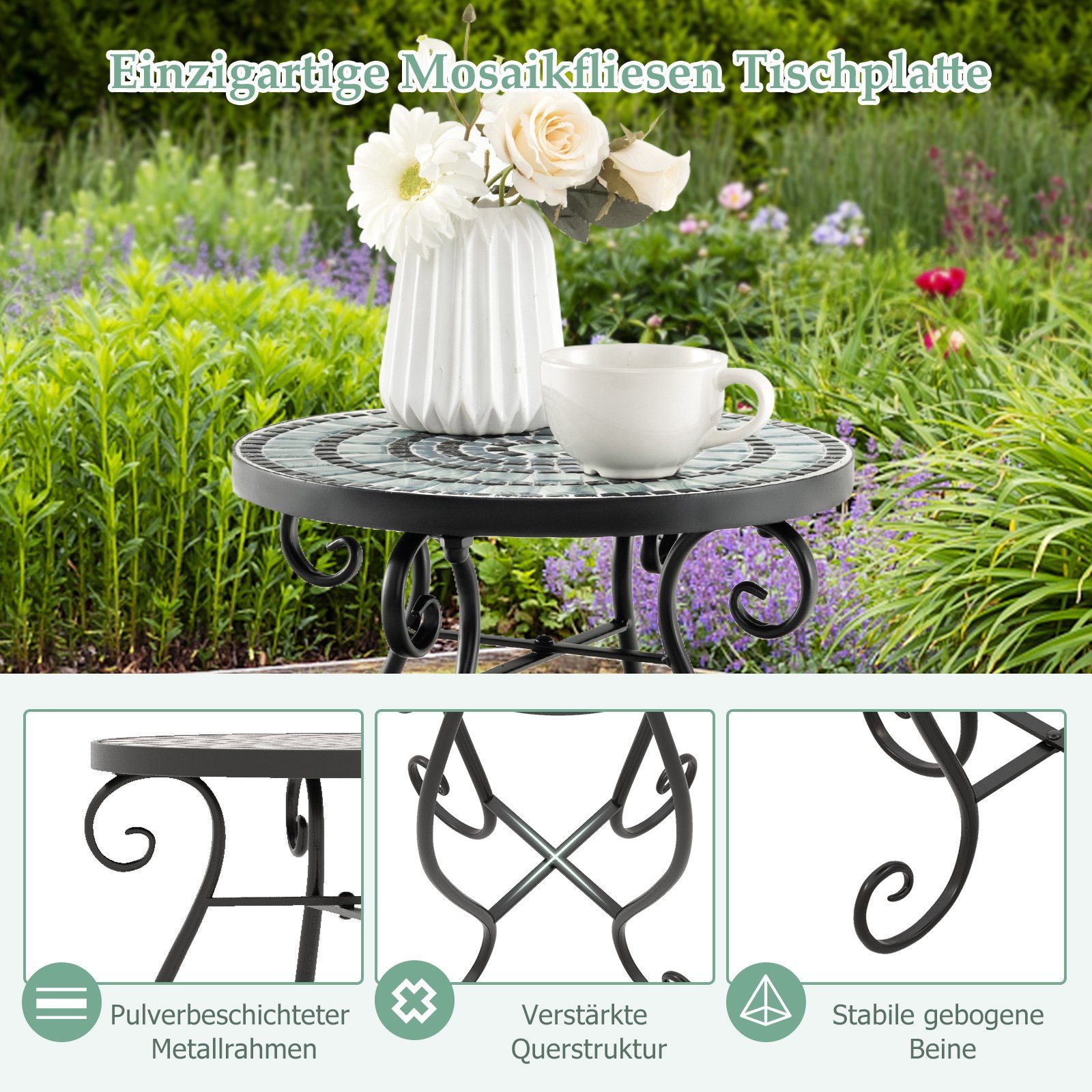 KOMFOTTEU Gartentisch Mosaik Beistelltisch, mit Metallgestell, Ø30cm – Bild 4 von 5