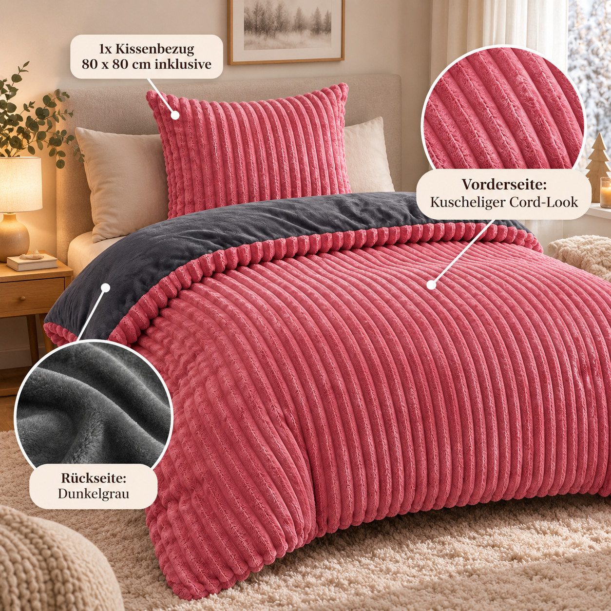 Leonado Vicenti Bettwäsche Teddyplüsch Cord Optik, Fleece, 2 teilig, extra warm und kuschelig, Winterbettwäsche Cashmere Touch – Bild 3 von 5