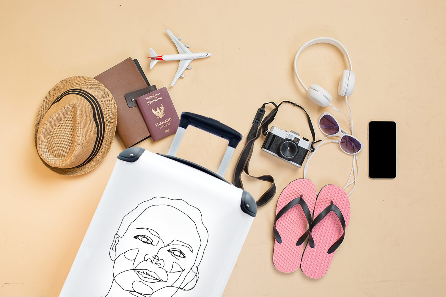 Reisekoffer Handgepäck - mit Reisetasche - MuchoWow Trolley, Strichzeichnung für rollen, Ferien, 4 Gesicht, Rollen, Handgepäckkoffer Frau