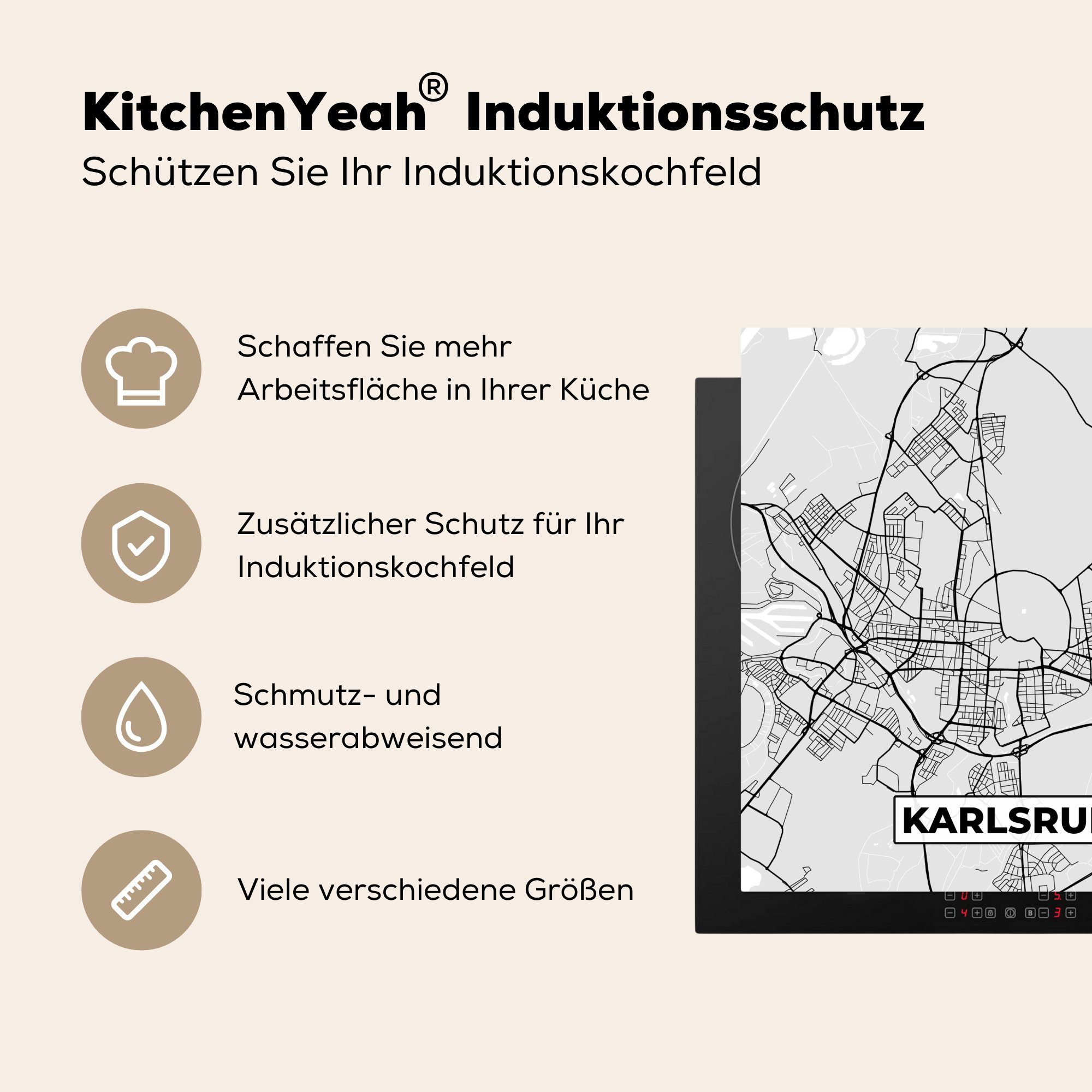 MuchoWow (1 Herdblende-/Abdeckplatte - Stadtplan Karte - Vinyl, für küche Ceranfeldabdeckung, Deutschland, tlg), 78x78 Arbeitsplatte cm, Karlsruhe -