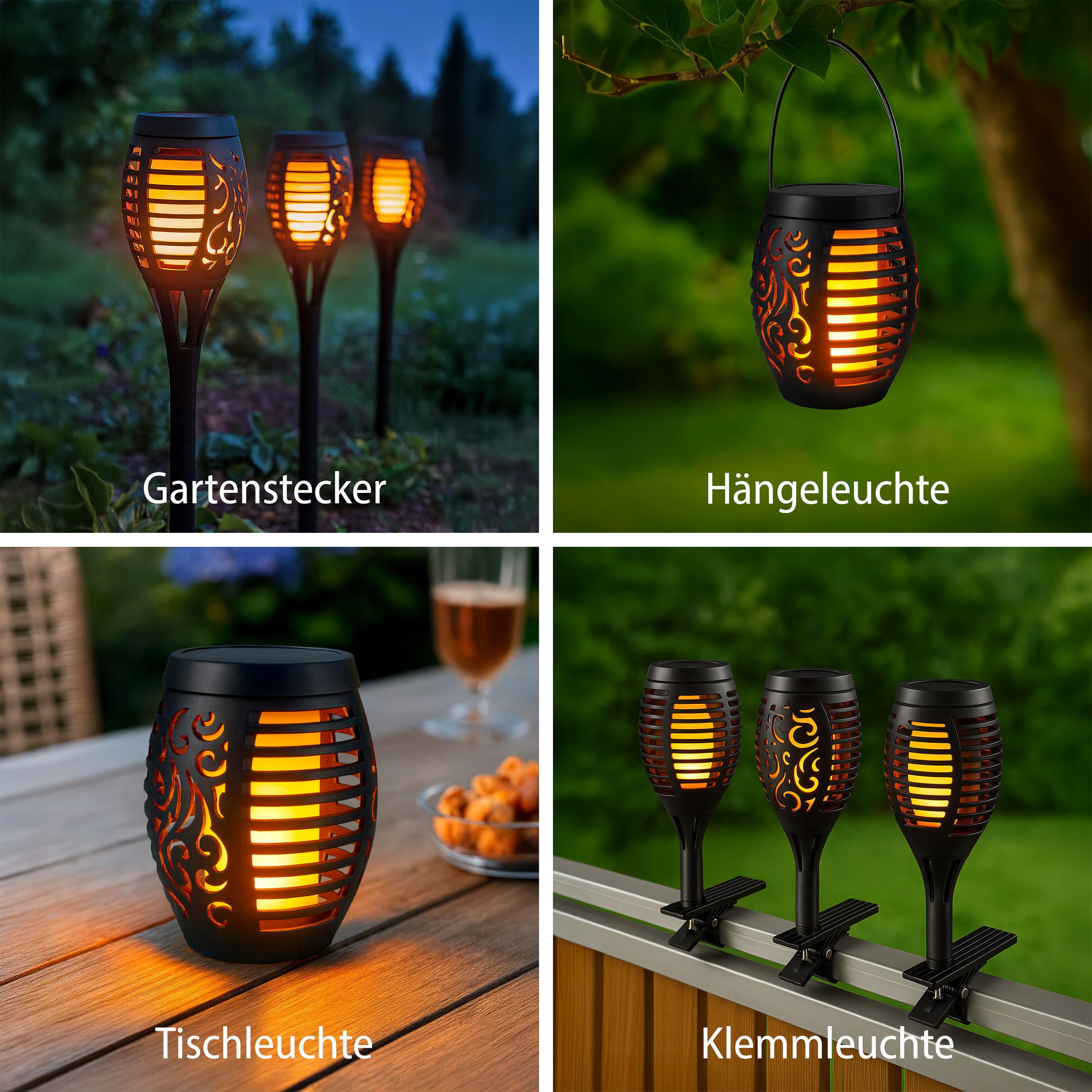 IC Gardenworld LED Gartenfackel 5er Set Solar Gartenfackel mit Flammeneffekt, 4 in 1 Verwendung, LED fest integriert, warm-weiß