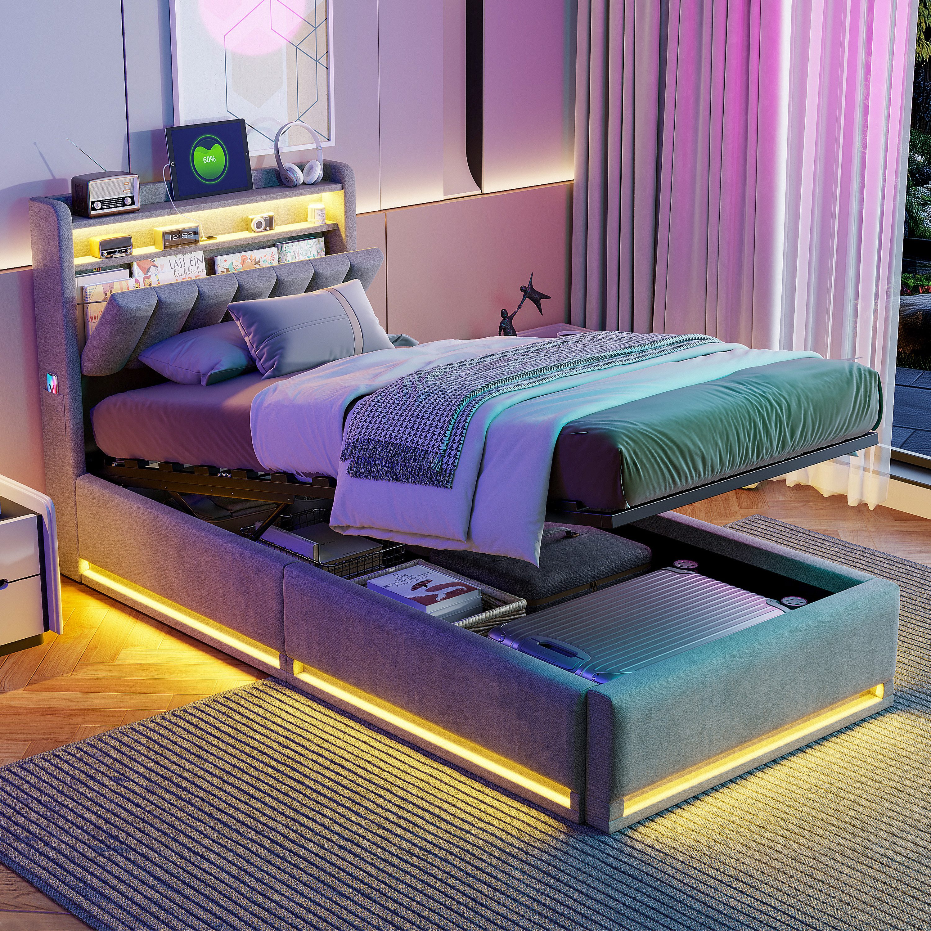 Furnishings Home Polsterbett Stauraumbett Doppelbett LED (Hydraulisch hebbarer Stauraum), Mit LED-Beleuchtung, Bettkasten, Ladefunktion, Samt, 90x200 cm