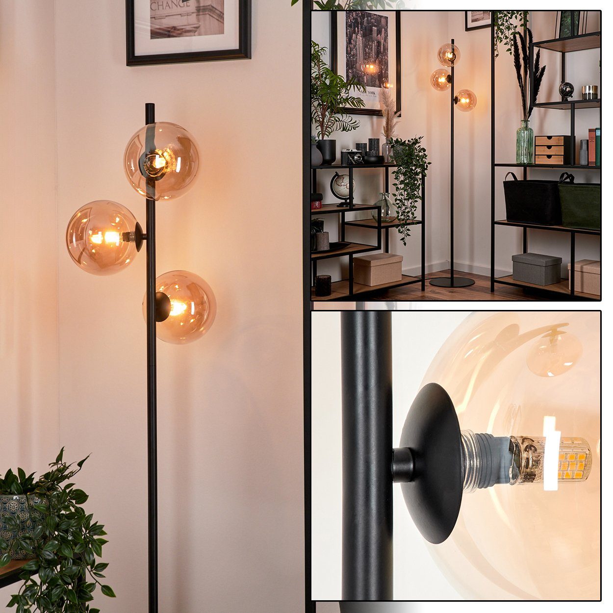 preisberechnung hofstein Stehlampe Stehlampe aus aus im ohne ohne 3 Leuchtmittel Leuchtmittel, Retro-Design Glas, in Schwarz/Bernsteinfarben, Metall/Glas x Standlampe G9