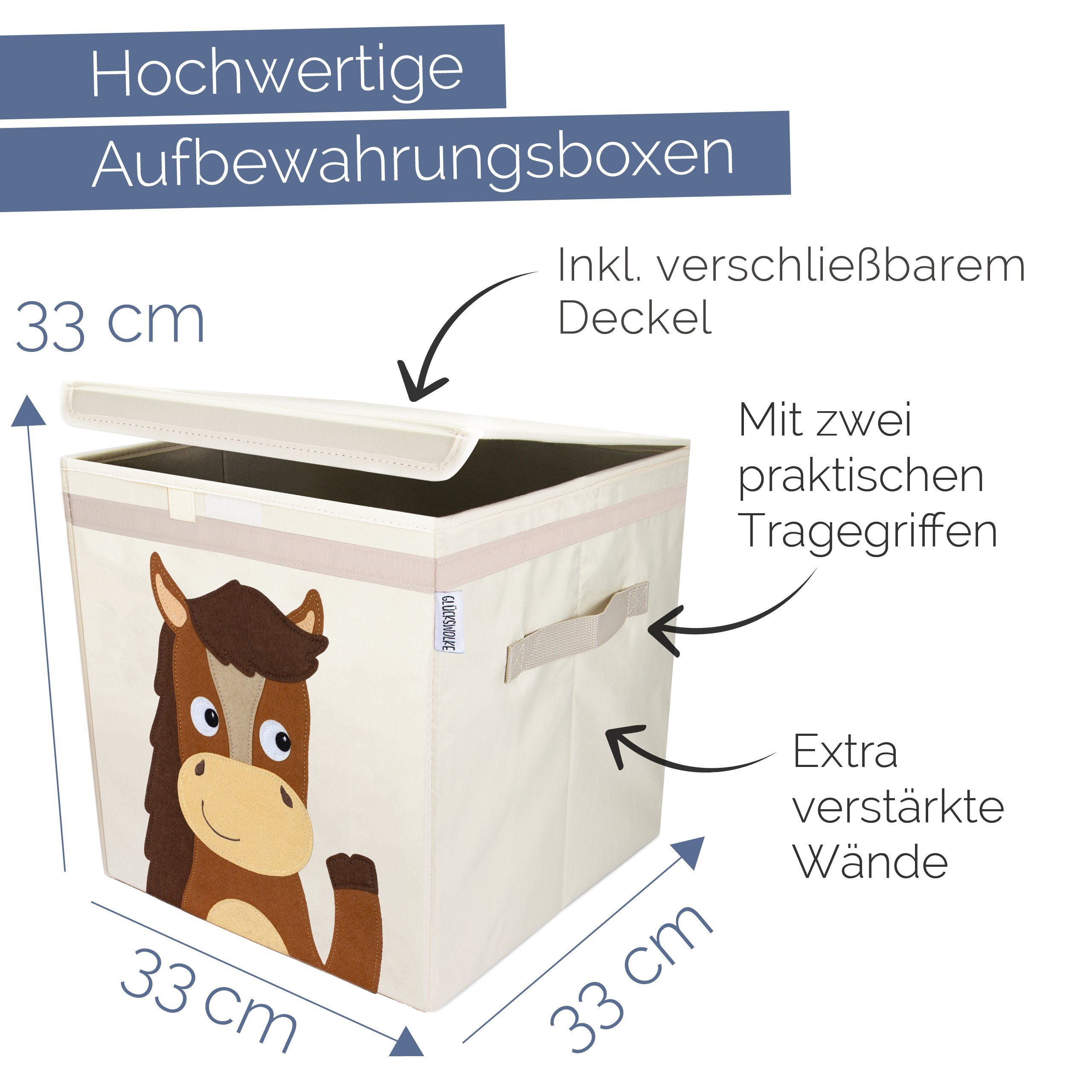 GLÜCKSWOLKE Aufbewahrungsbox Kinder - 15 Motive I Spielzeugkiste mit Deckel für Kinderzimmer (Größe 33x33x33), Boxen zur Aufbewahrung im Kallax Regal I Kiste für Spielzeug