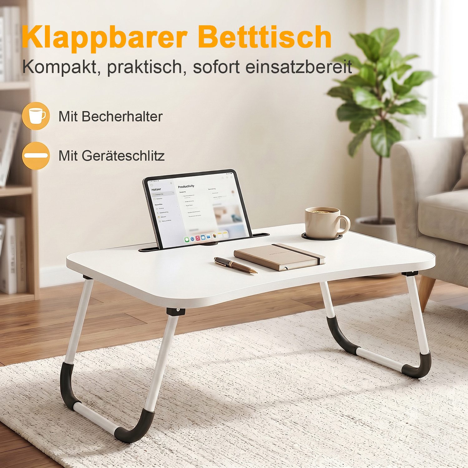 HEYHIPPO Laptoptisch Klappbarer Laptoptisch 60×40 cm,mit Getränkehalter & Tablet-Slot, weiß (Packung, Ergonomischer Betttisch, platzsparend, für Homeoffice, Les – Bild 4 von 5