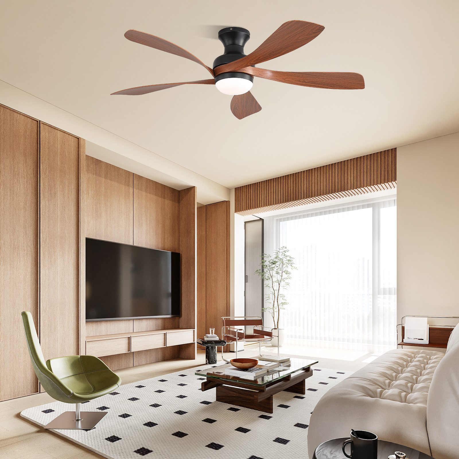 Sofucor Deckenventilator mit LED-Licht und Fernbedienung, ∅132 cm, 5 ABS-Flügel, dimmbar, 6 Geschwindigkeiten, Timer (1/4/8 h), Leiser DC-Motor