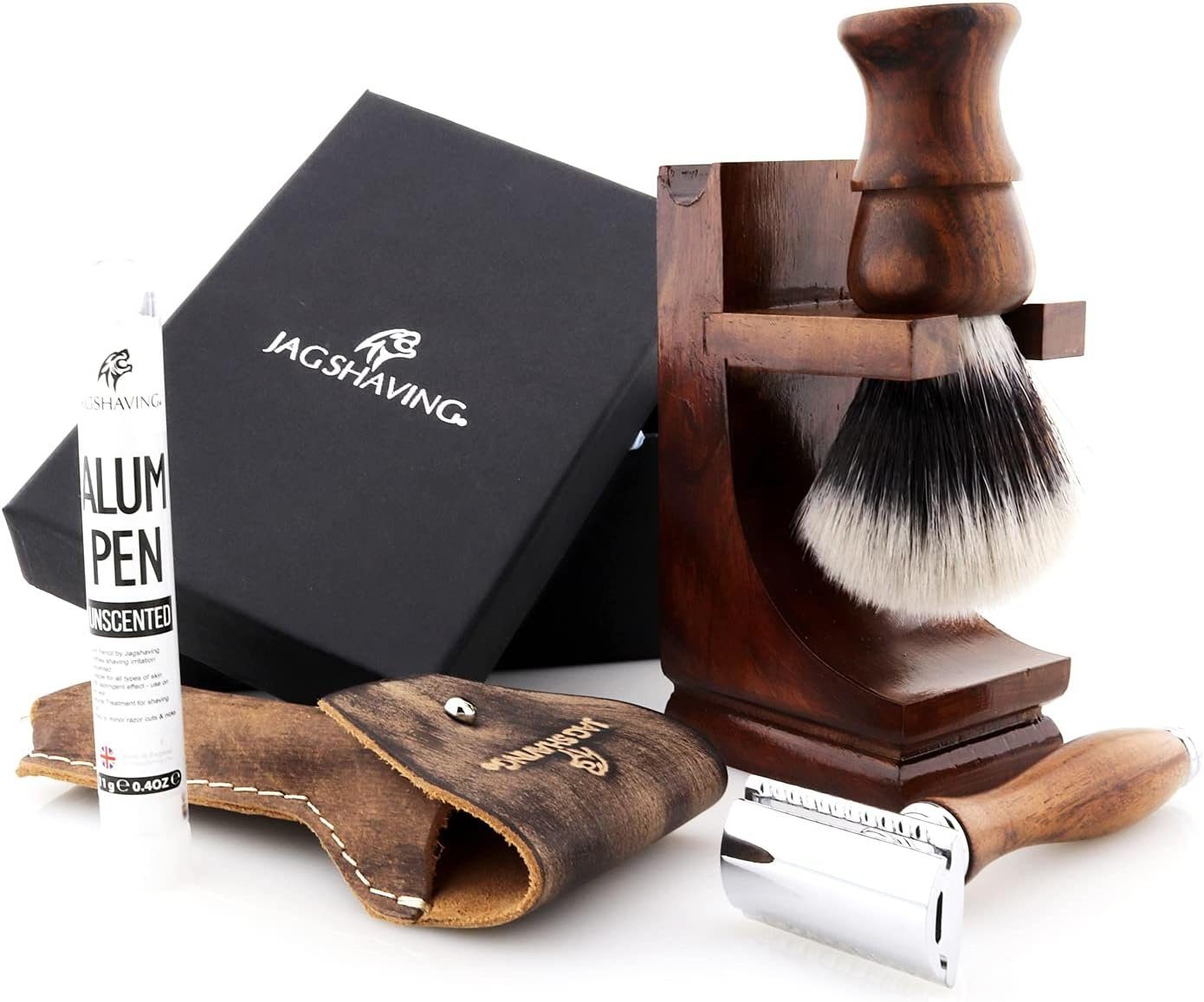 JAG SHAVING Rasierset 5-teiliges Rasierset aus Holz im edlen Premium-Look, 5-tlg., DE-Rasierer Synthetikpinsel Pinselhalter Rasiermesseretui Alaunstift, bestes Rasiererlebnis zu Hause