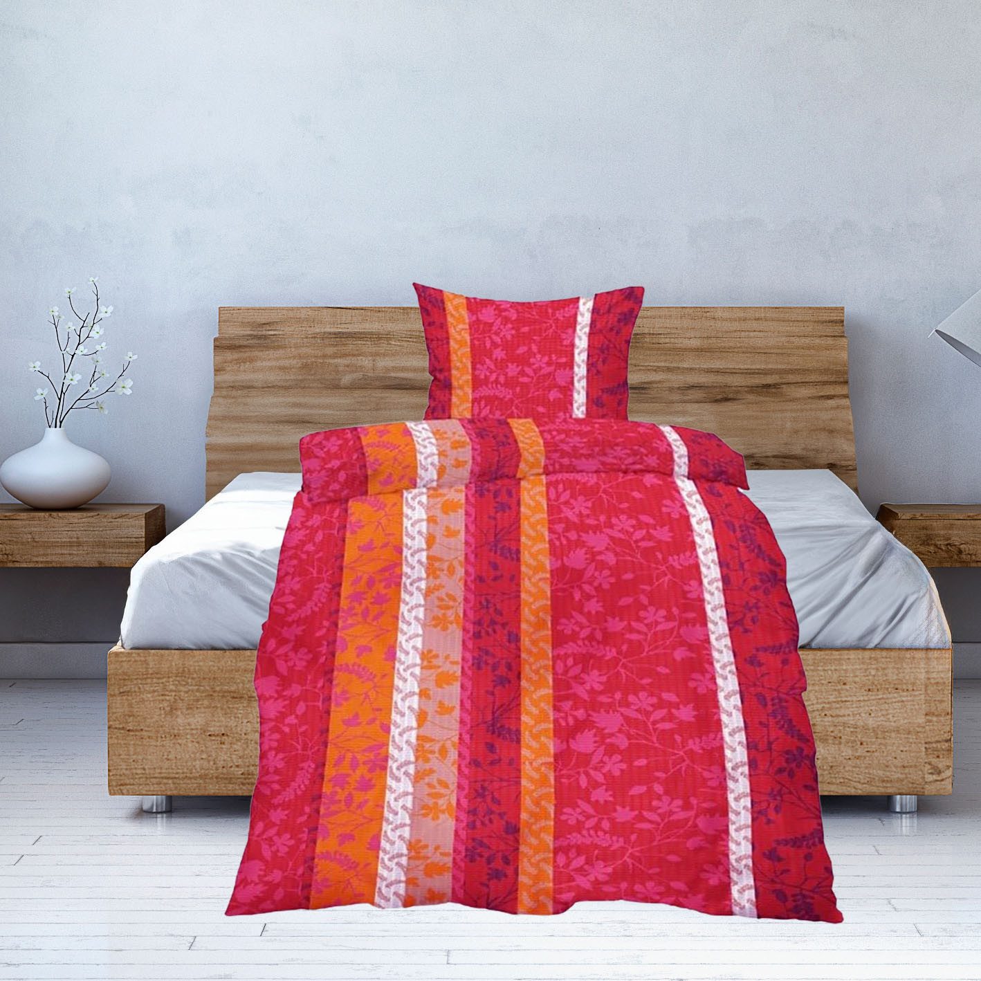 Casa Colori Bettwäsche Seersucker 135x200 cm Garnitur Bettgarnitur, Seersucker, 2 teilig, Rosa Pink gestreift mit Ranken