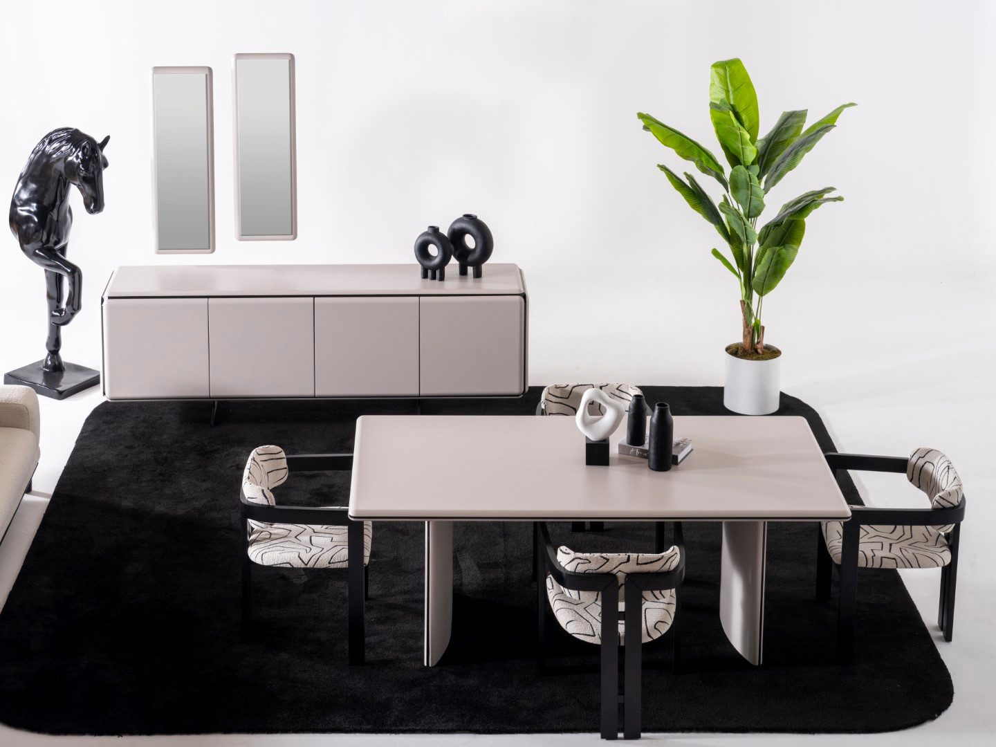 JVmoebel Esszimmer-Set Elegantes Beiges Esszimmer Set mit Esstisch, Stühlen, Sideboard, (7-St., Esstisch, 4x Stühle, Sideboard, Spiegel), Made in Europe